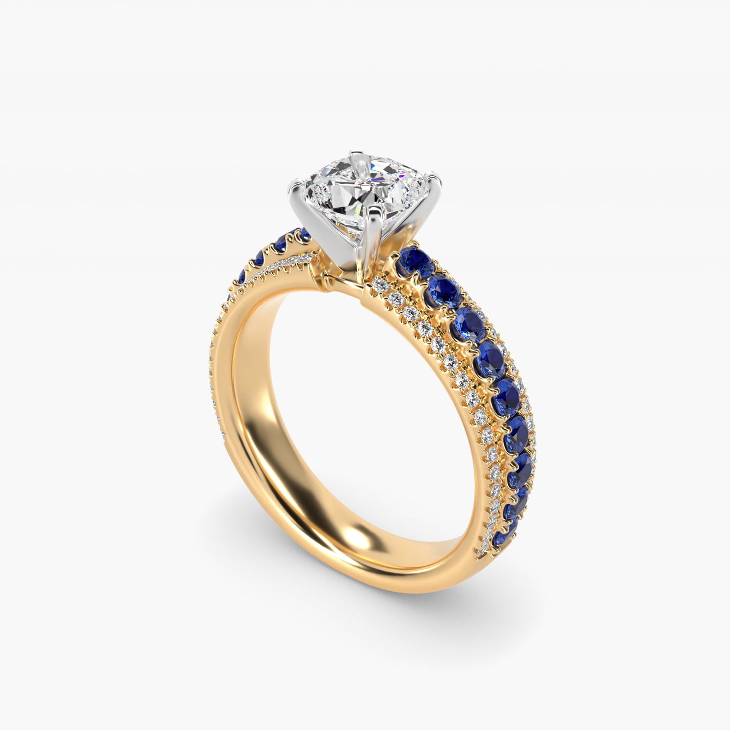 Three Row Sapphire and Diamond Engagement Ring in 14K Yellow Gold (1/4 ct. tw.) - Cushion Center