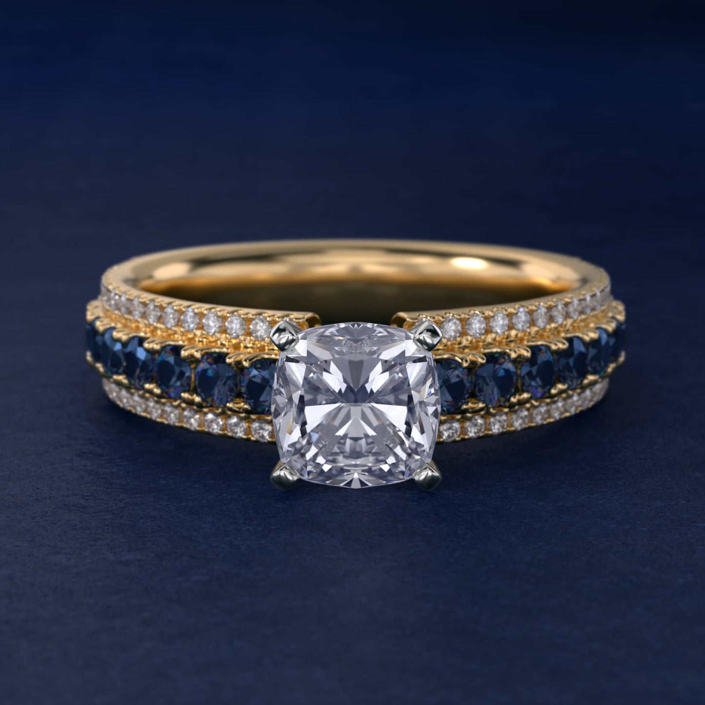 Three Row Sapphire and Diamond Engagement Ring in 18k Yellow Gold (1/4 ct. tw.) - Cushion Center