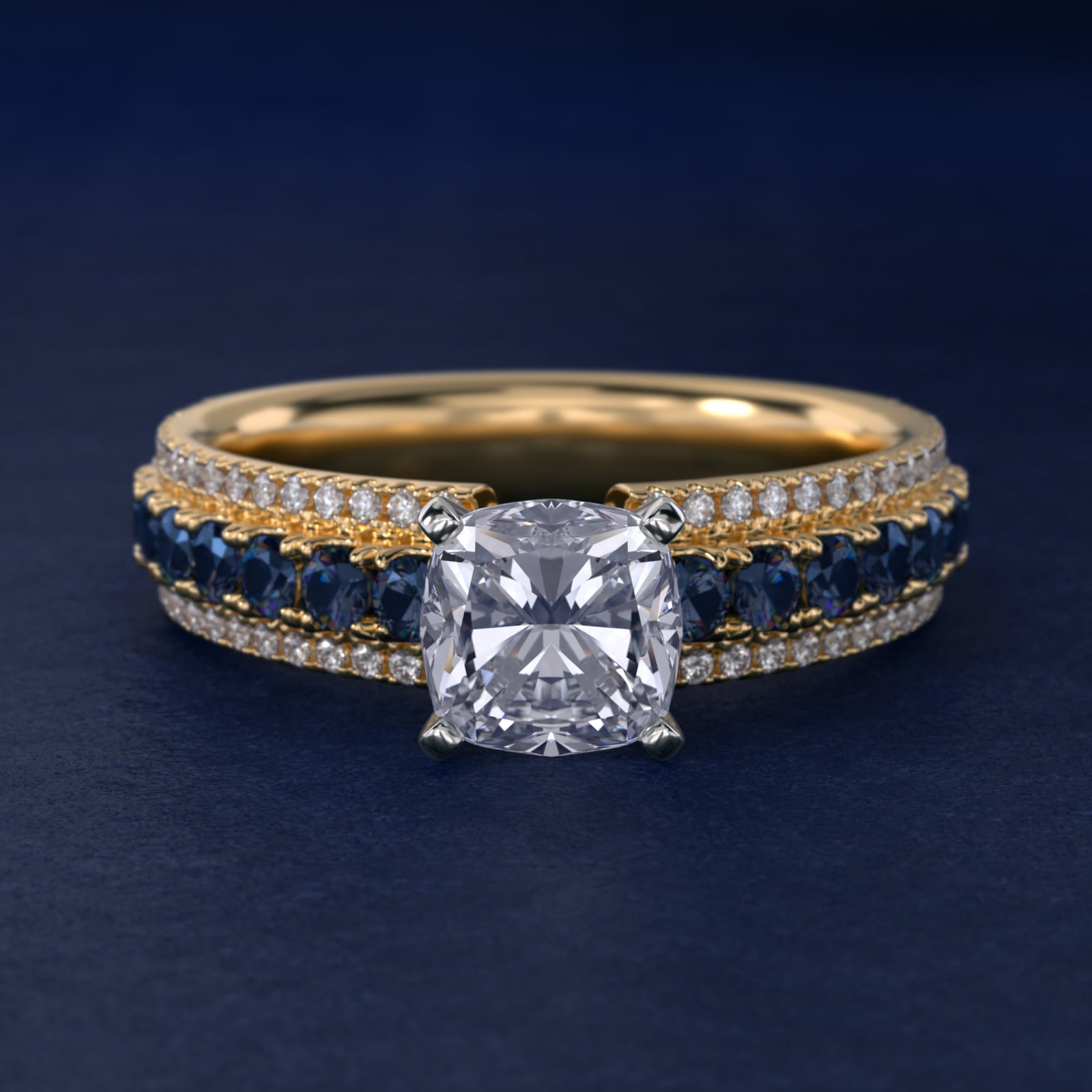 Three Row Sapphire and Diamond Engagement Ring in 18k Yellow Gold (1/4 ct. tw.) - Cushion Center