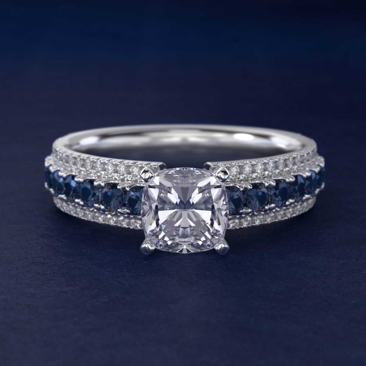 Three Row Sapphire and Diamond Engagement Ring in Platinum (1/4 ct. tw.) - Cushion Center