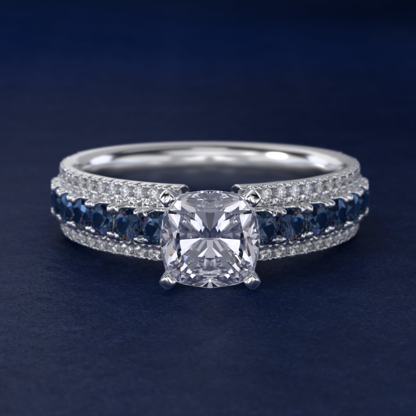 Three Row Sapphire and Diamond Engagement Ring in Platinum (1/4 ct. tw.) - Cushion Center