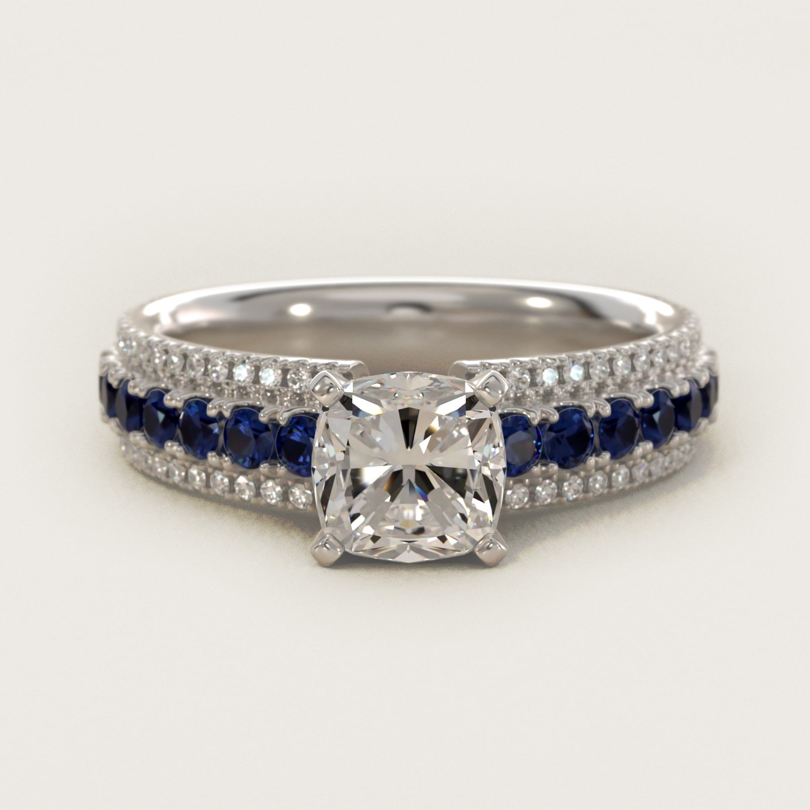 Three Row Sapphire and Diamond Engagement Ring in Platinum (1/4 ct. tw.) - Cushion Center