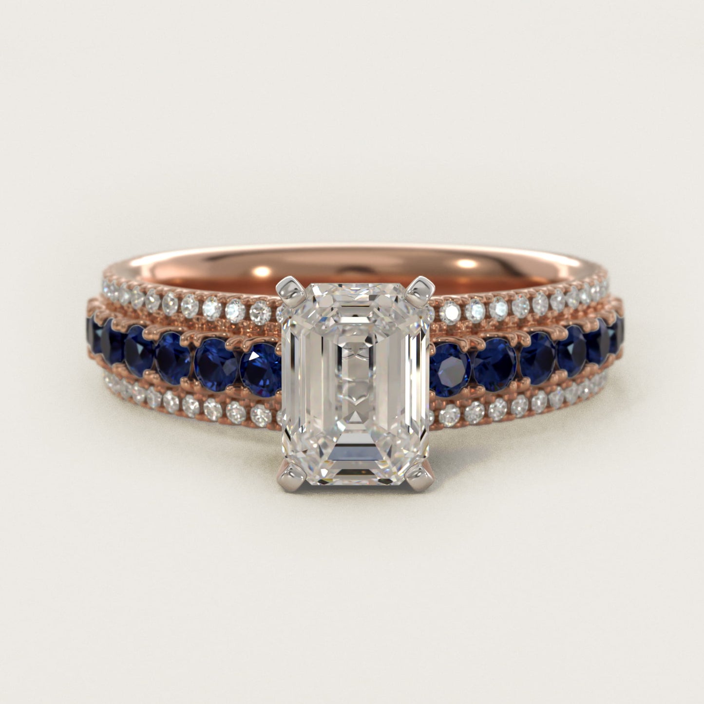Three Row Sapphire and Diamond Engagement Ring in 14k Rose Gold (1/4 ct. tw.) - Emerald Center