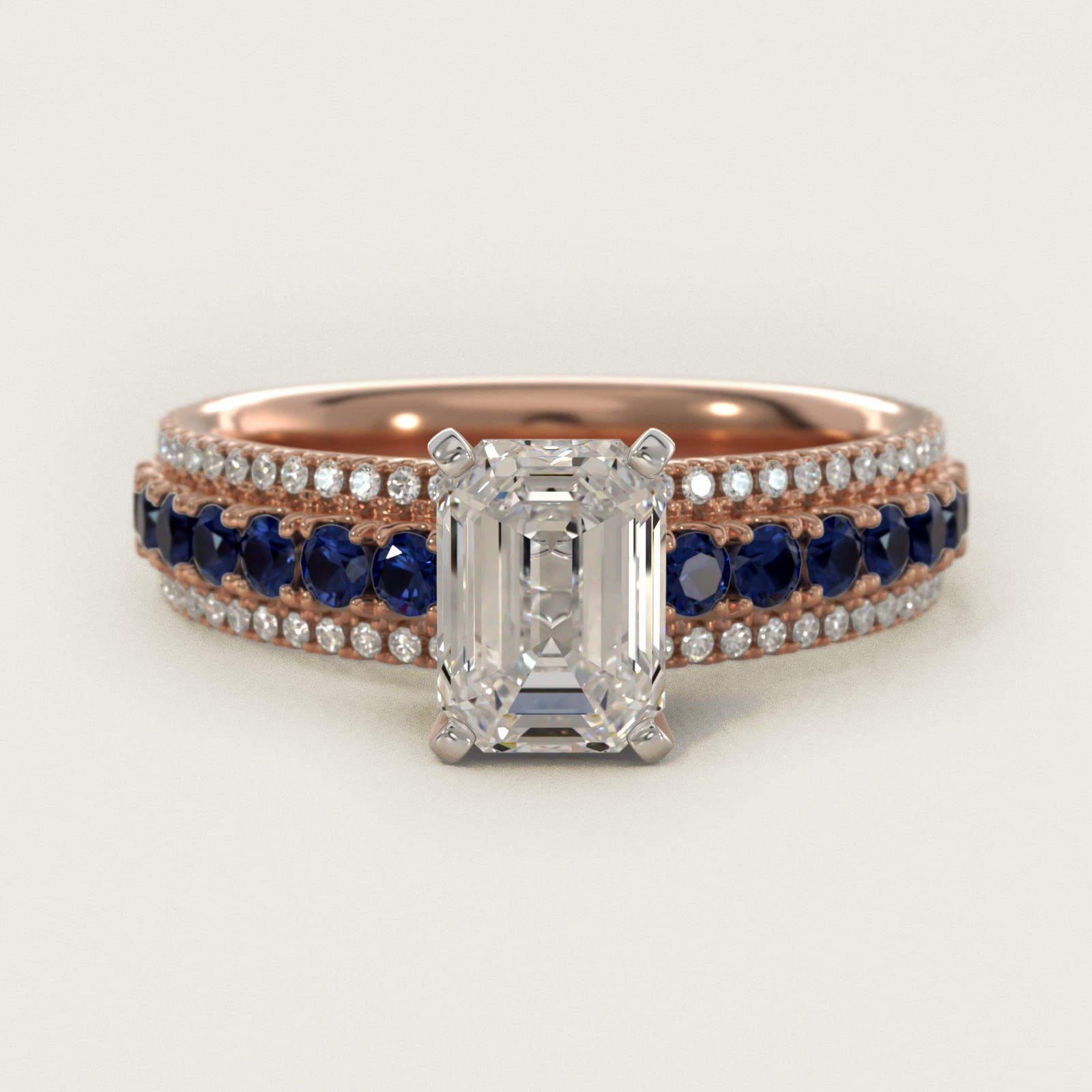 Three Row Sapphire and Diamond Engagement Ring in 18k Rose Gold (1/4 ct. tw.) - Emerald Center