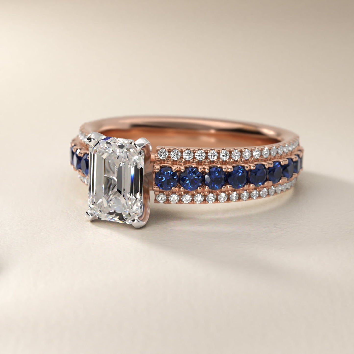 Three Row Sapphire and Diamond Engagement Ring in 14k Rose Gold (1/4 ct. tw.) - Emerald Center