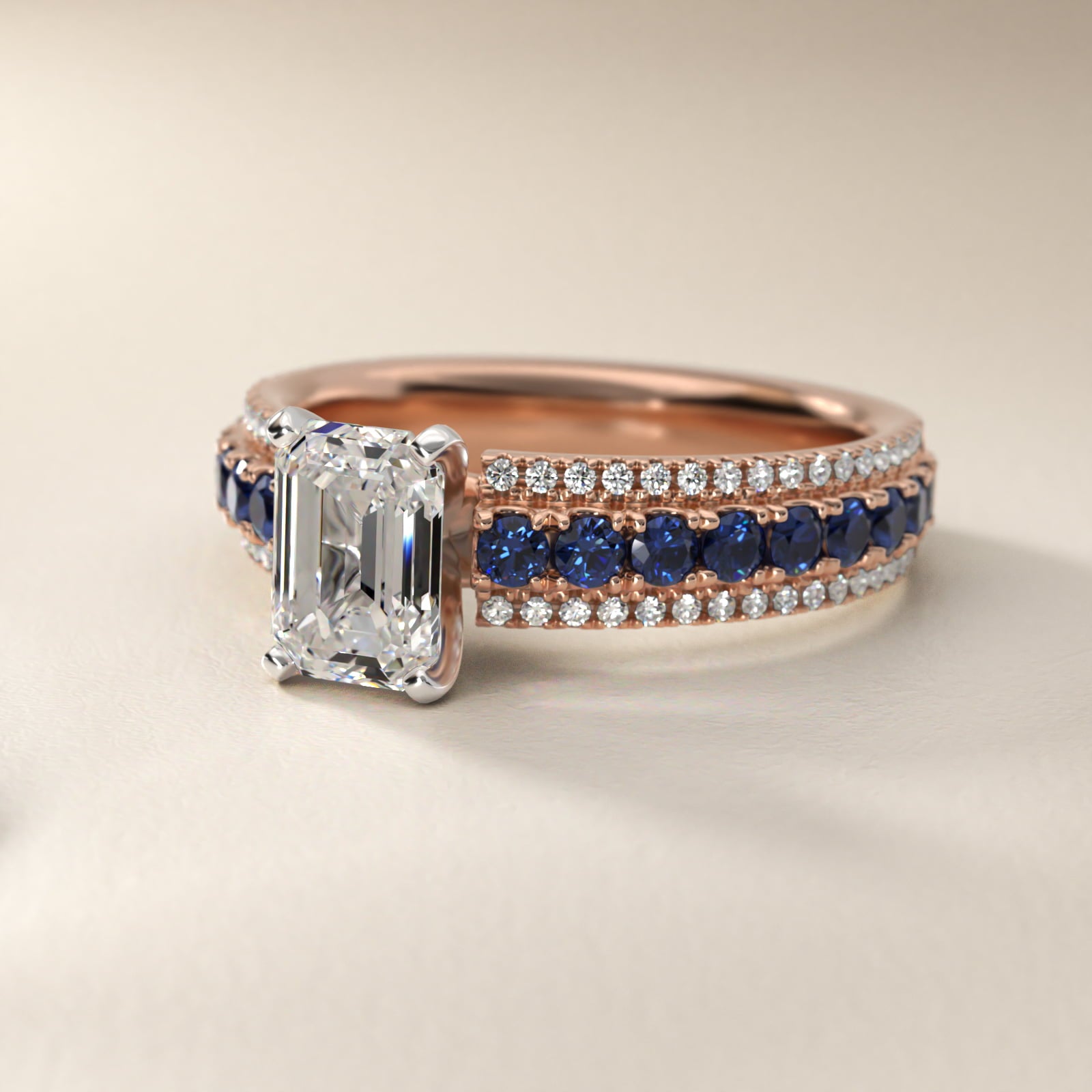 Three Row Sapphire and Diamond Engagement Ring in 18k Rose Gold (1/4 ct. tw.) - Emerald Center