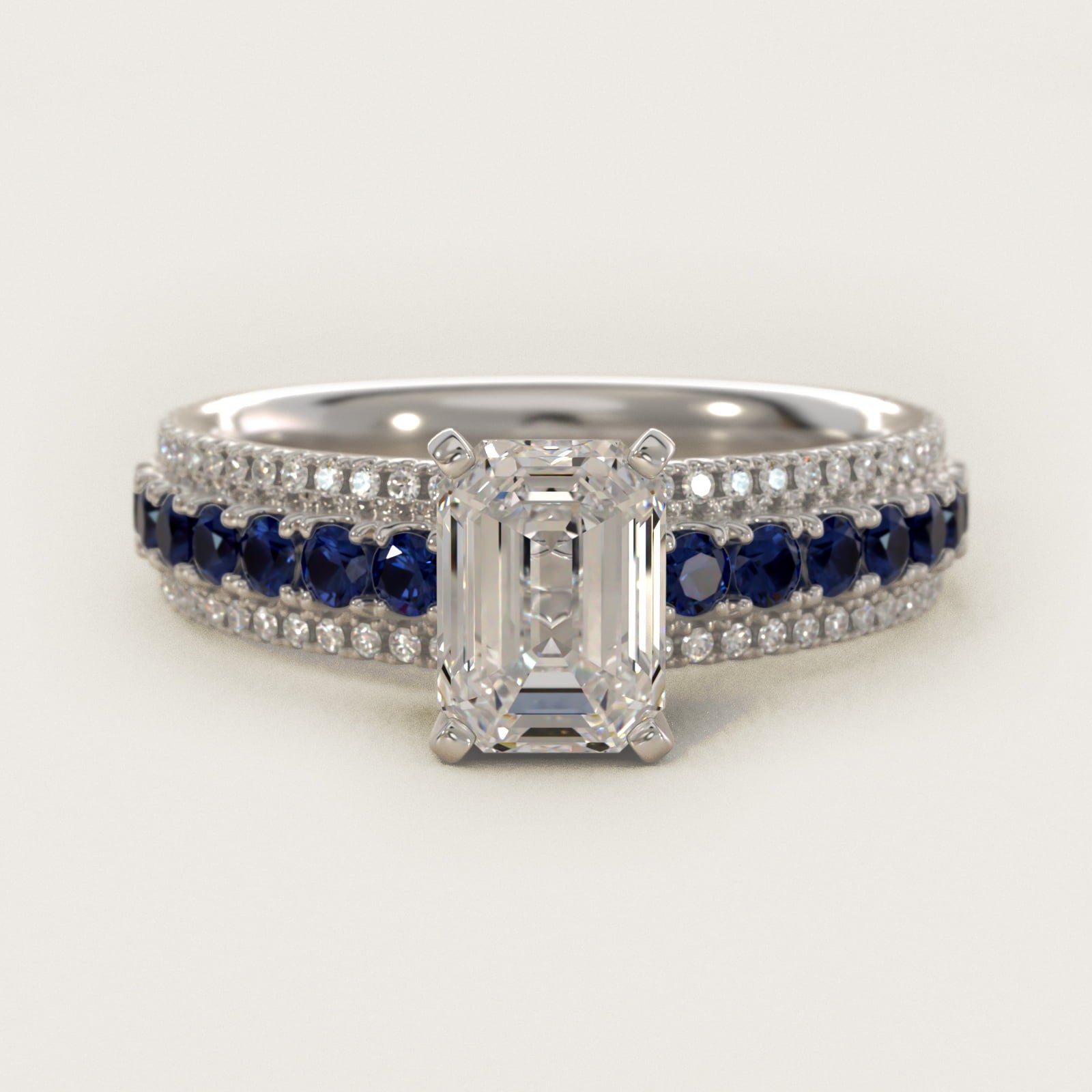 Three Row Sapphire and Diamond Engagement Ring in 14k White Gold (1/4 ct. tw.) - Emerald Center