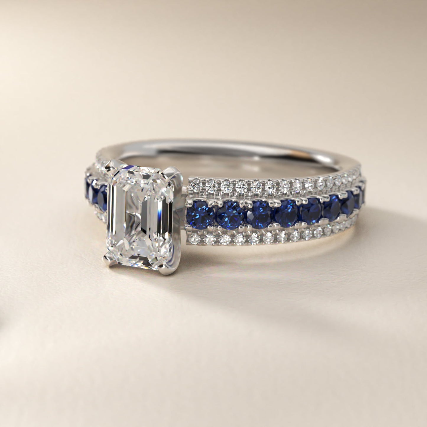 Three Row Sapphire and Diamond Engagement Ring in 18k White Gold (1/4 ct. tw.) - Emerald Center