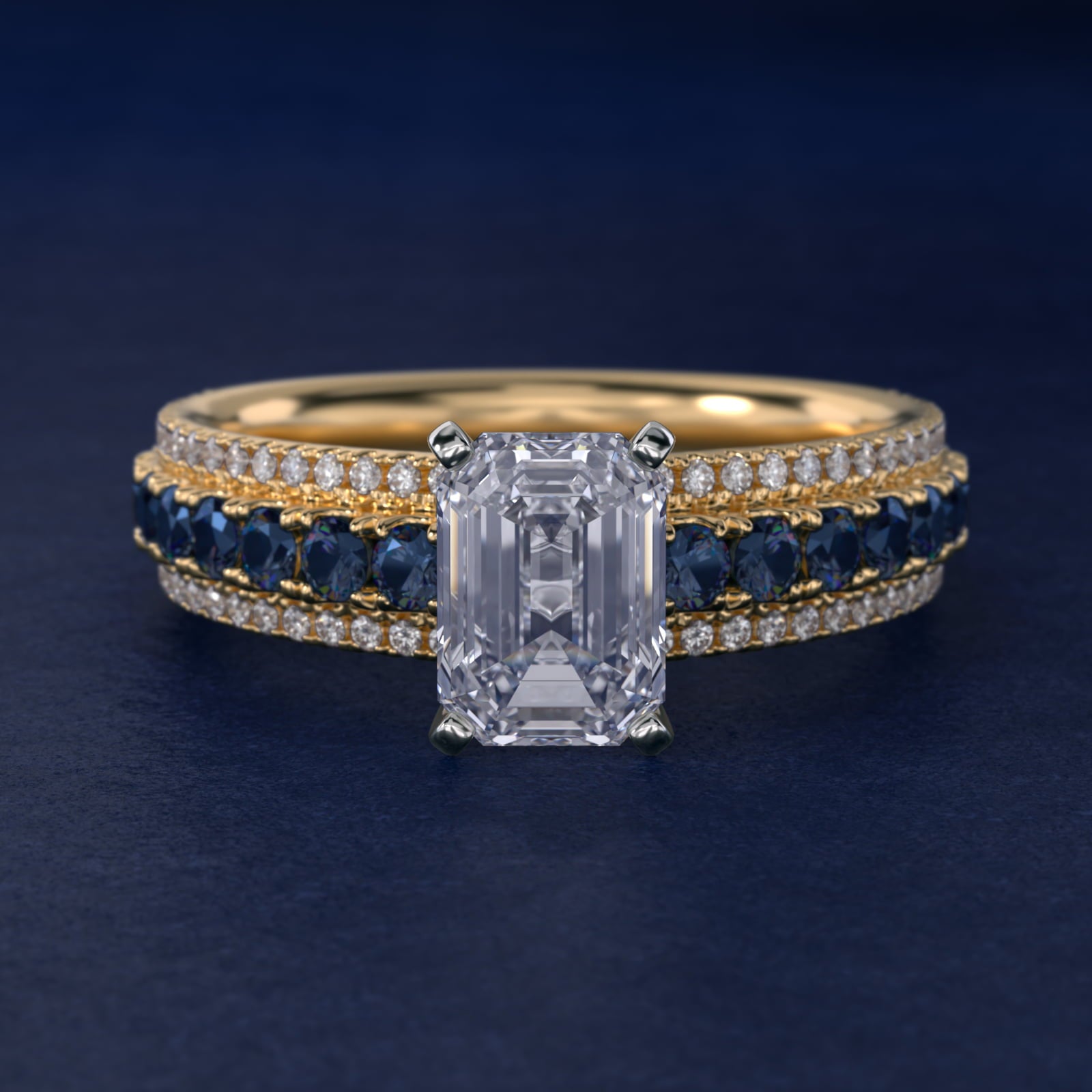 Three Row Sapphire and Diamond Engagement Ring in 18k Yellow Gold (1/4 ct. tw.) - Emerald Center