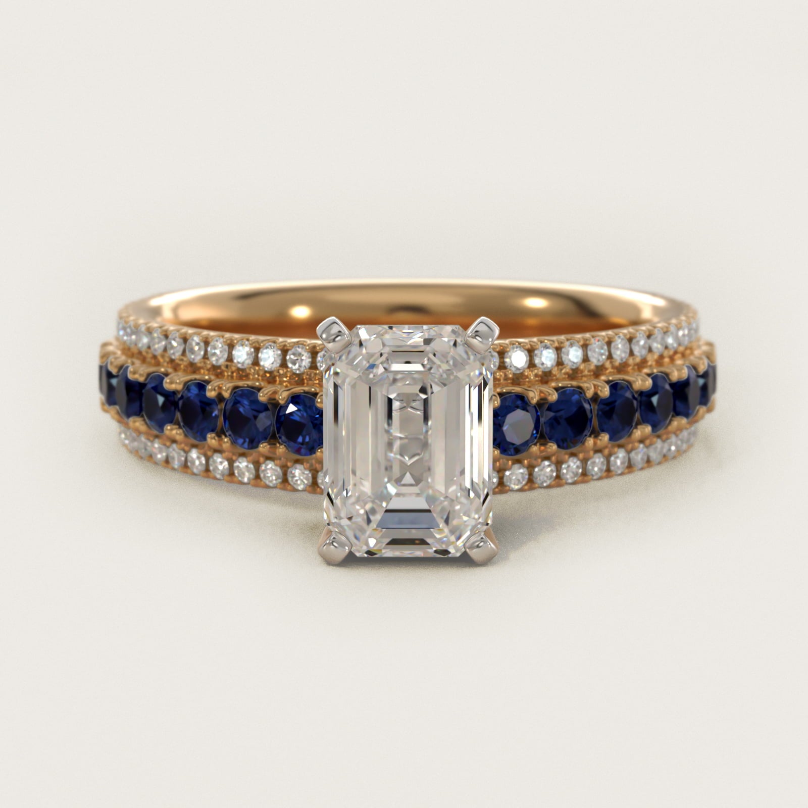 Three Row Sapphire and Diamond Engagement Ring in 18k Yellow Gold (1/4 ct. tw.) - Emerald Center