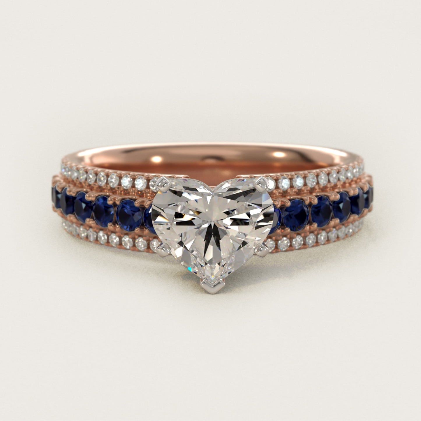Three Row Sapphire and Diamond Engagement Ring in 14k Rose Gold (1/4 ct. tw.) - Heart Center