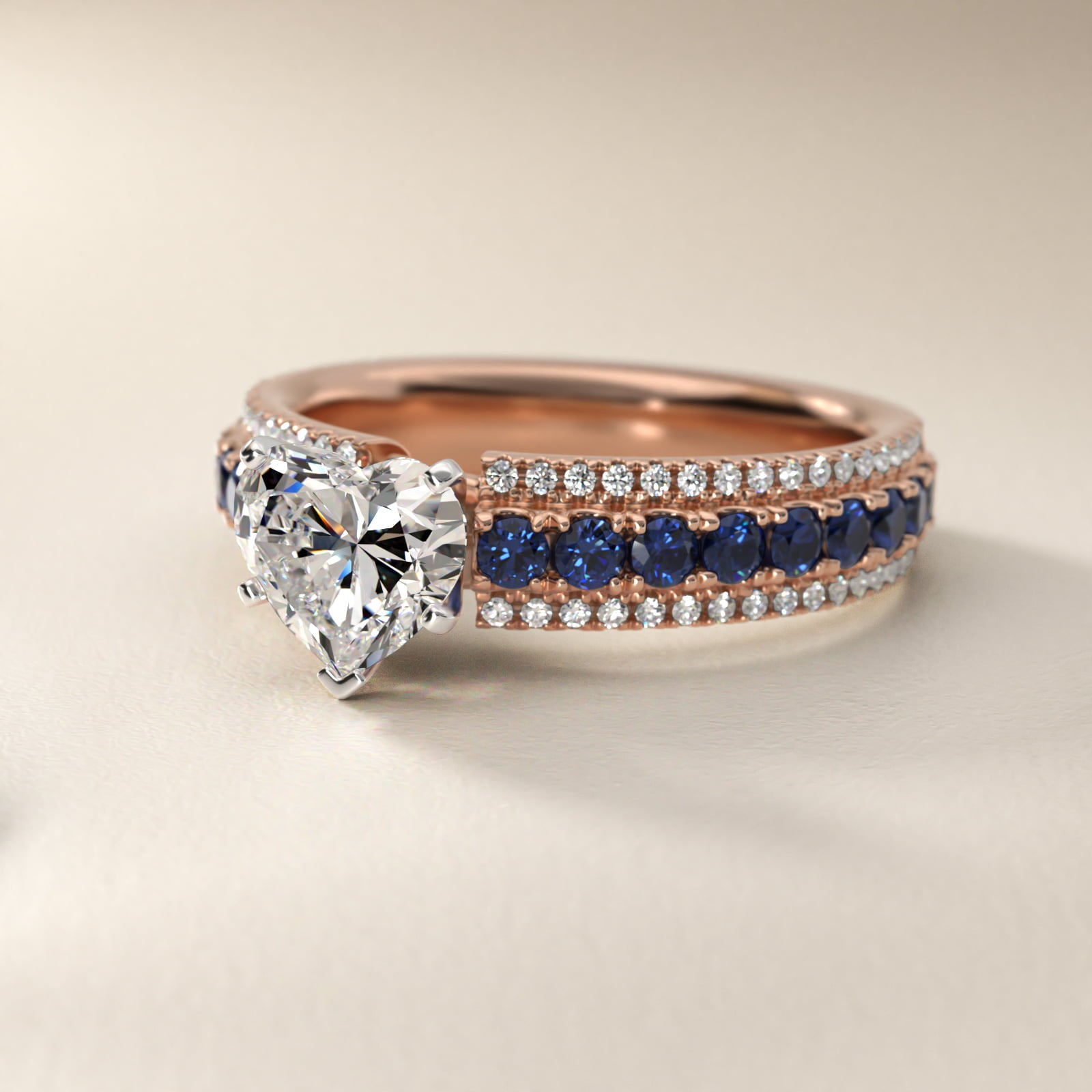 Three Row Sapphire and Diamond Engagement Ring in 18k Rose Gold (1/4 ct. tw.) - Heart Center