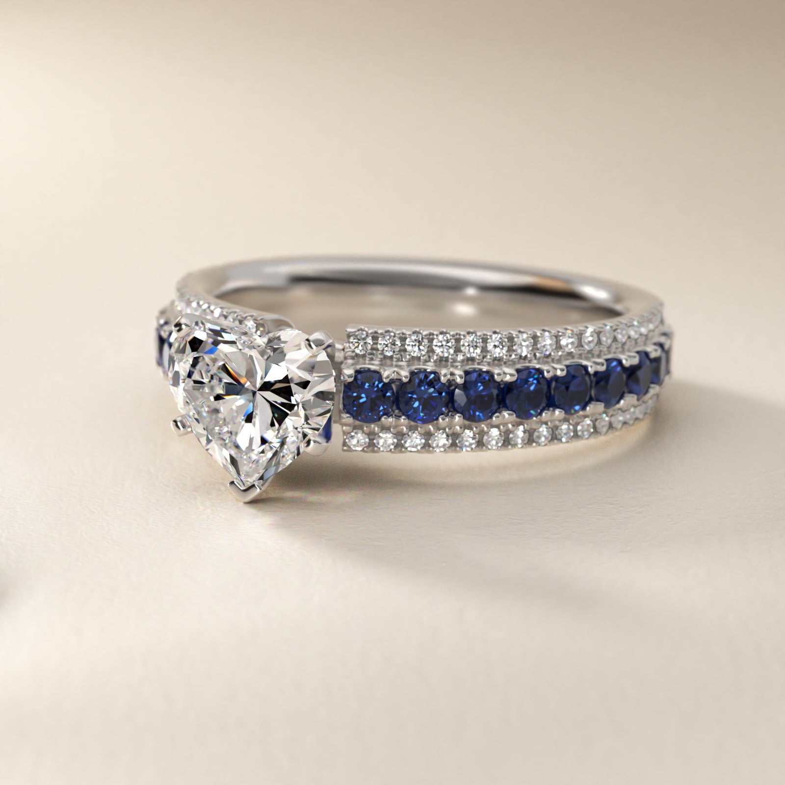 Three Row Sapphire and Diamond Engagement Ring in 18k White Gold (1/4 ct. tw.) - Heart Center