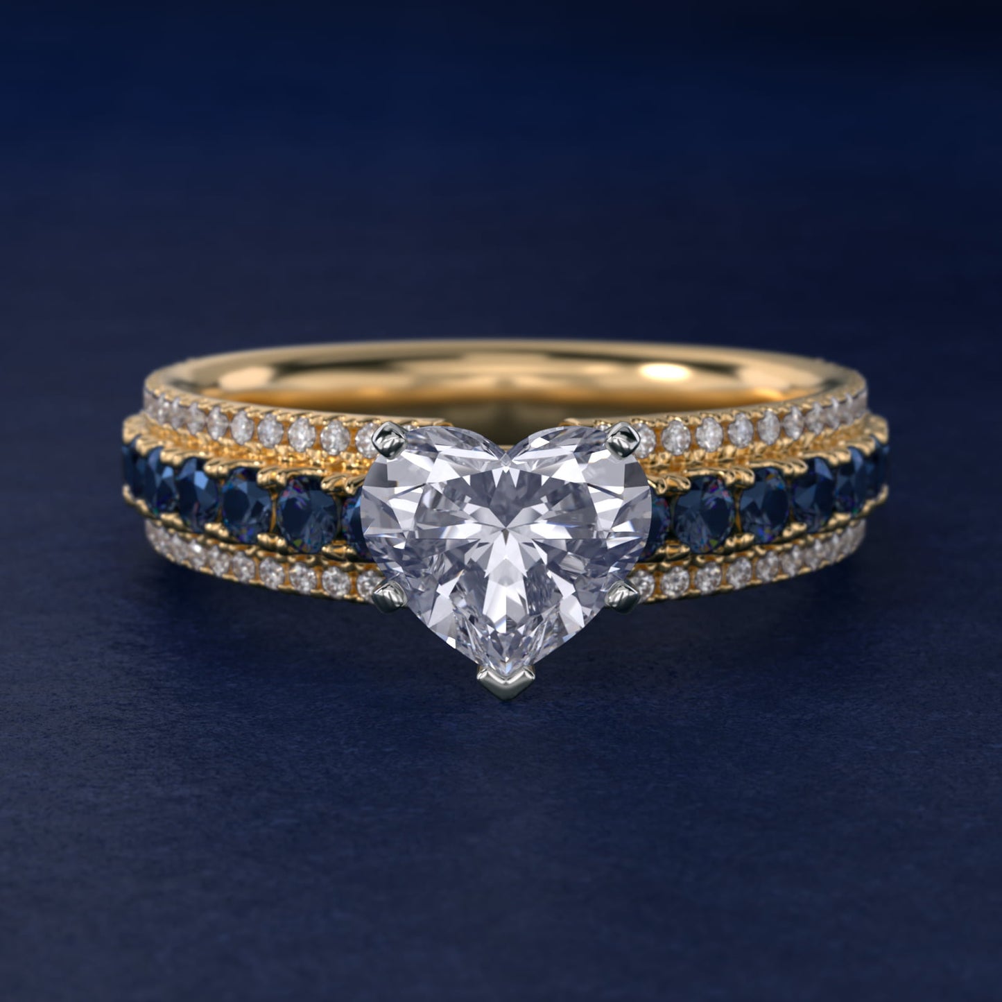 Three Row Sapphire and Diamond Engagement Ring in 14K Yellow Gold (1/4 ct. tw.) - Heart Center
