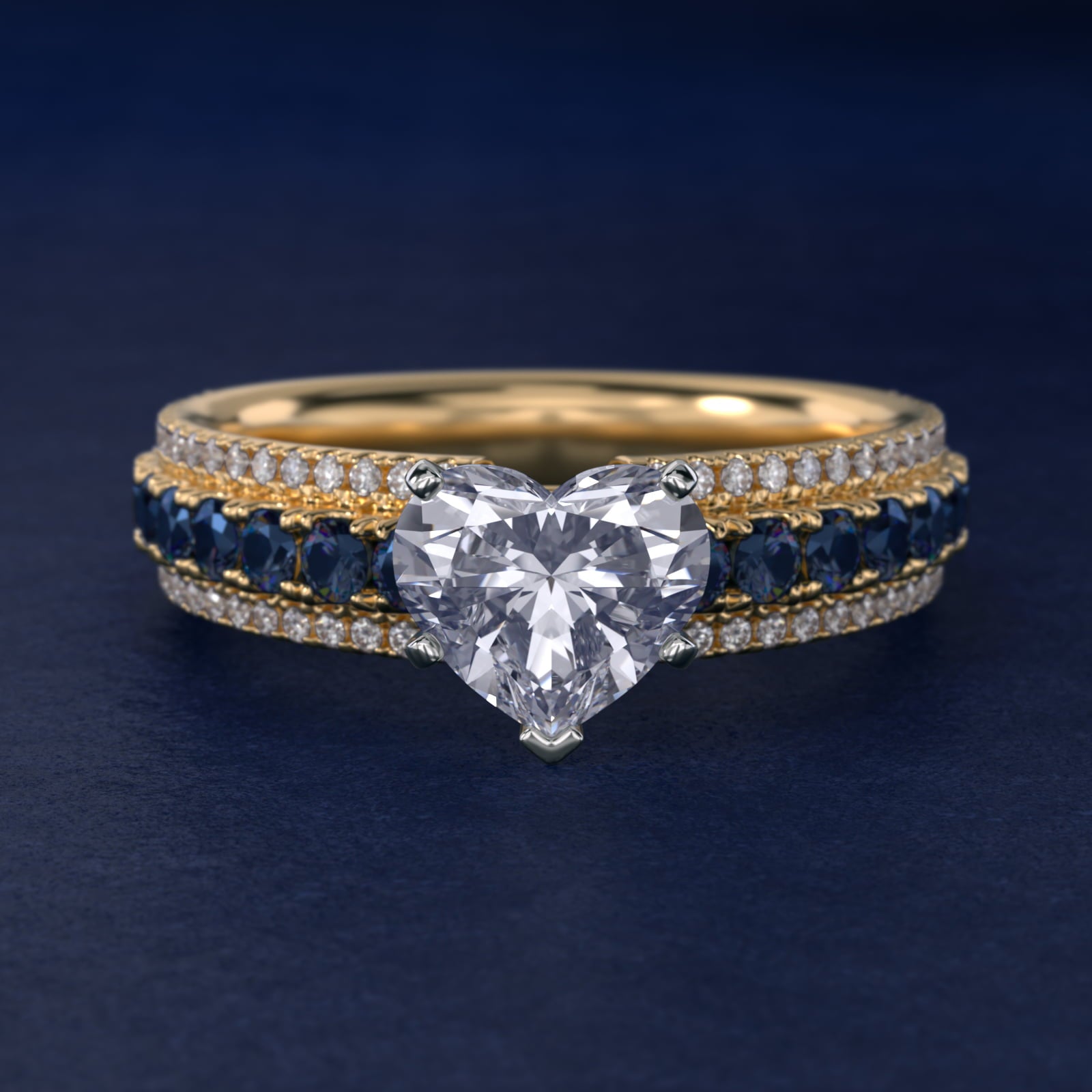 Three Row Sapphire and Diamond Engagement Ring in 18k Yellow Gold (1/4 ct. tw.) - Heart Center