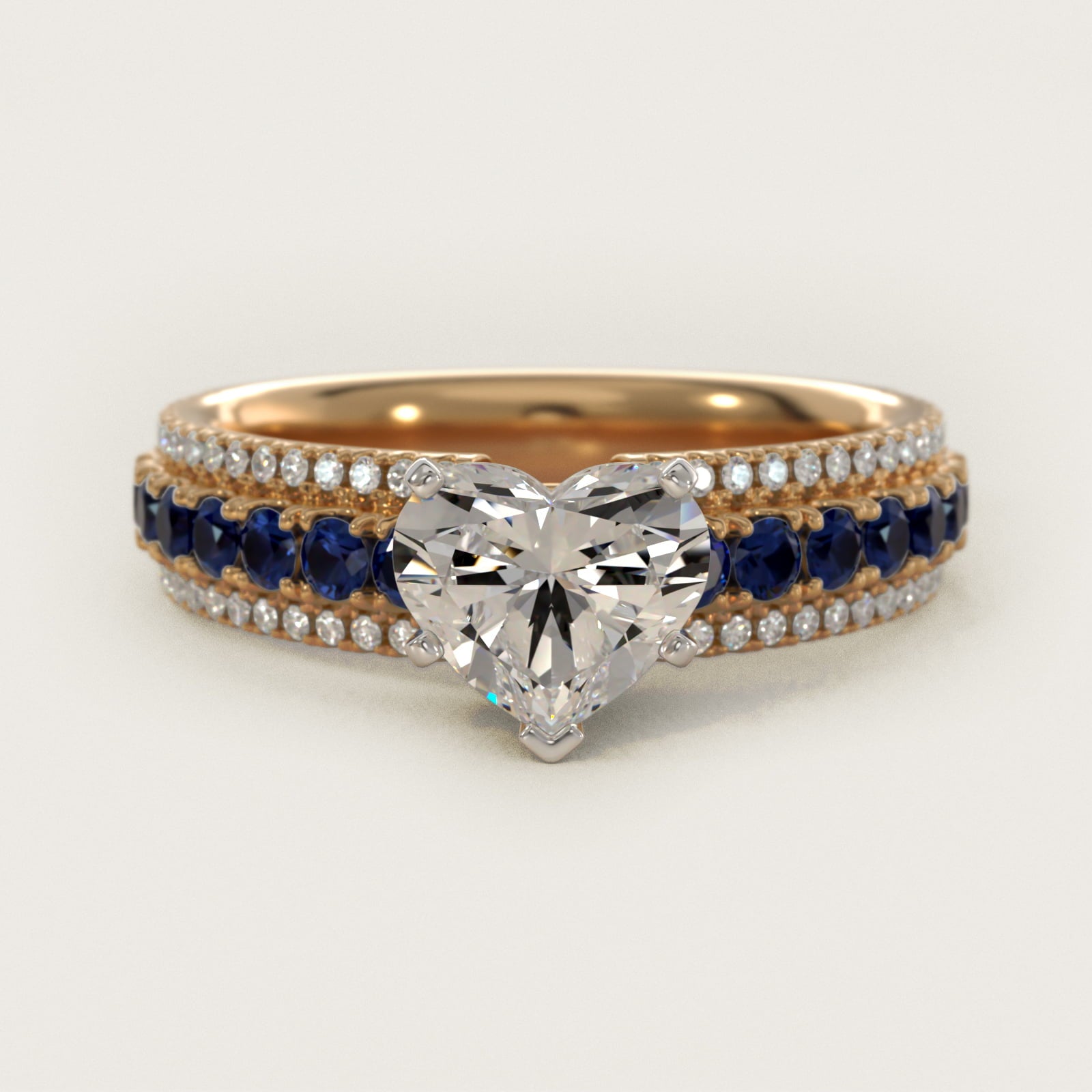 Three Row Sapphire and Diamond Engagement Ring in 14K Yellow Gold (1/4 ct. tw.) - Heart Center