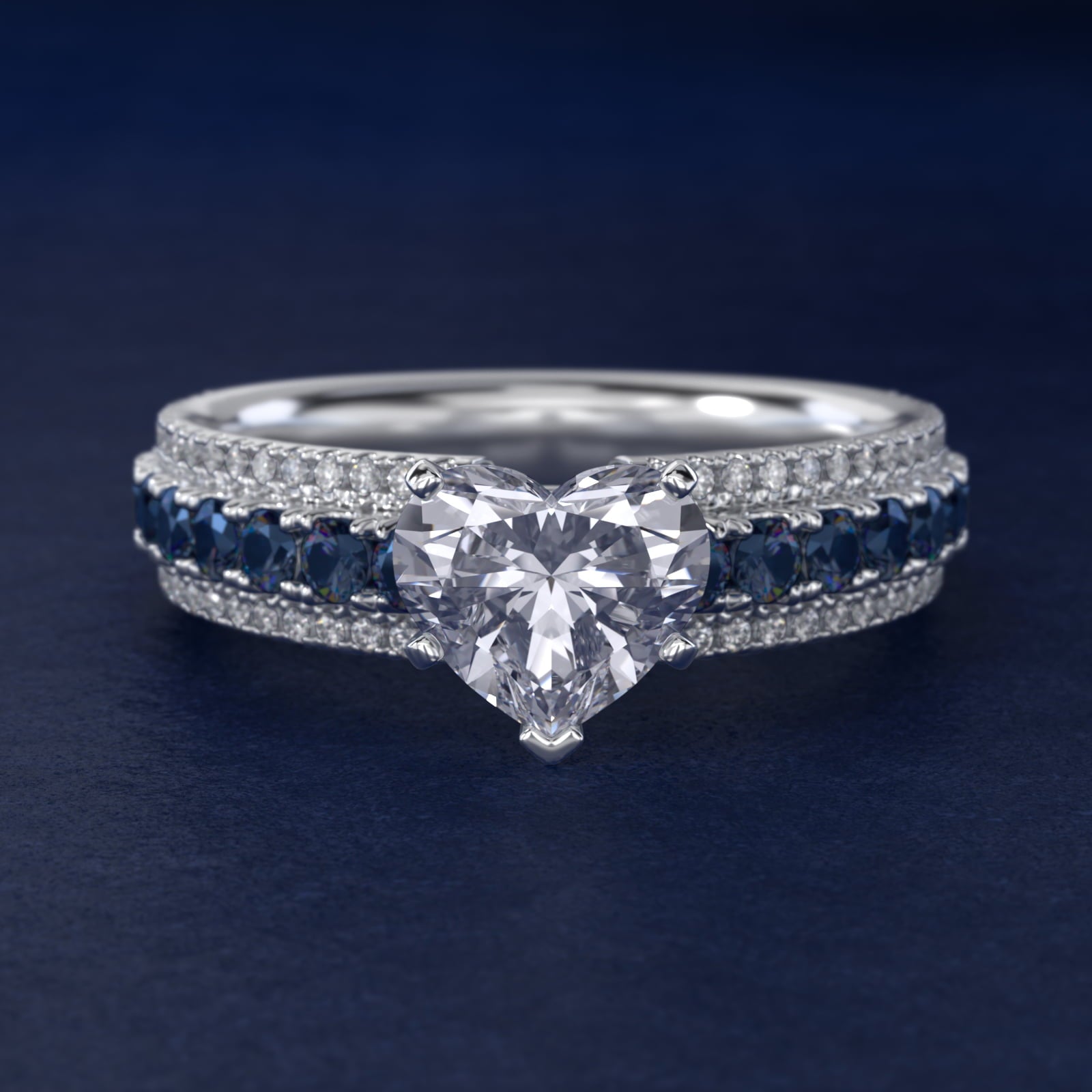 Three Row Sapphire and Diamond Engagement Ring in Platinum (1/4 ct. tw.) - Heart Center