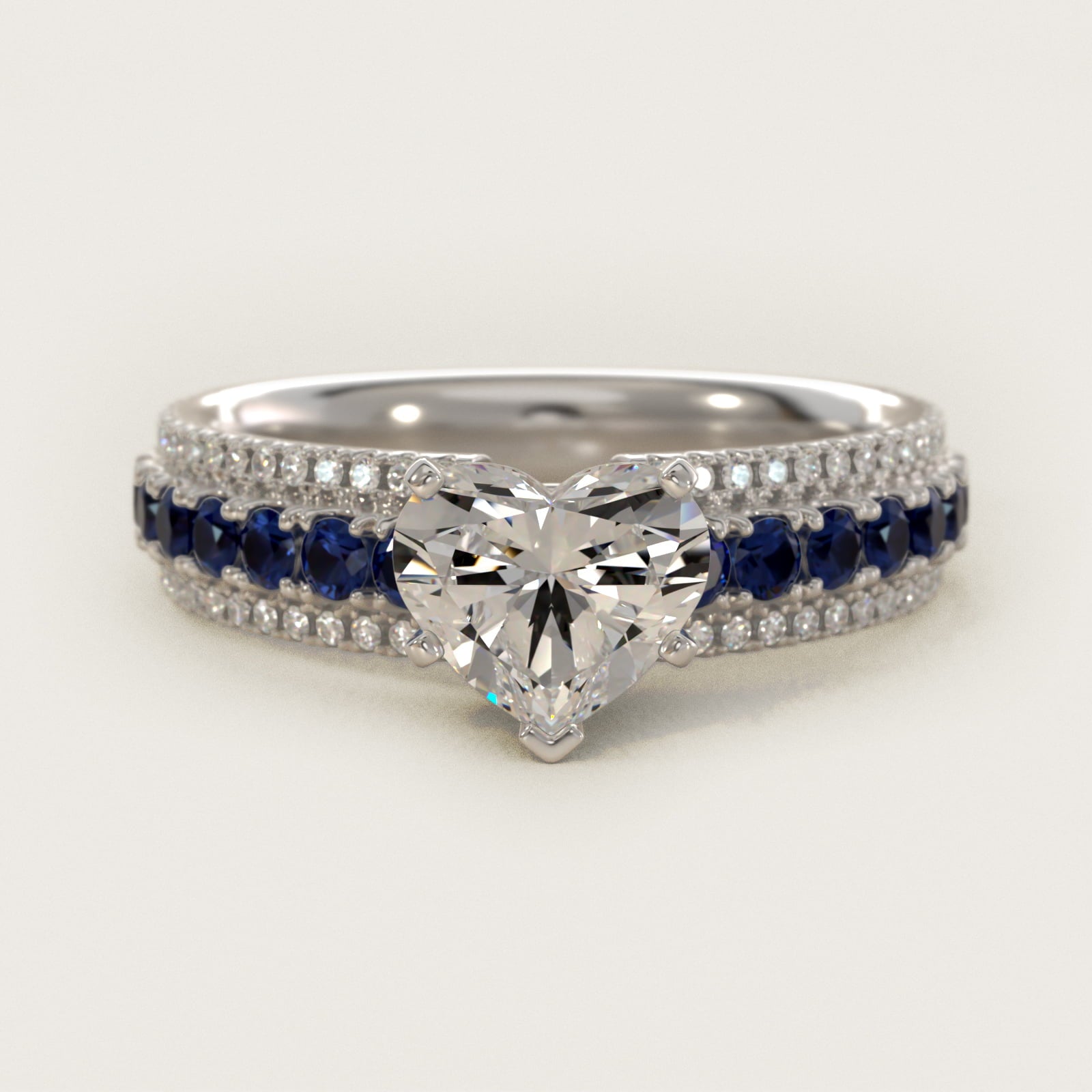 Three Row Sapphire and Diamond Engagement Ring in Platinum (1/4 ct. tw.) - Heart Center