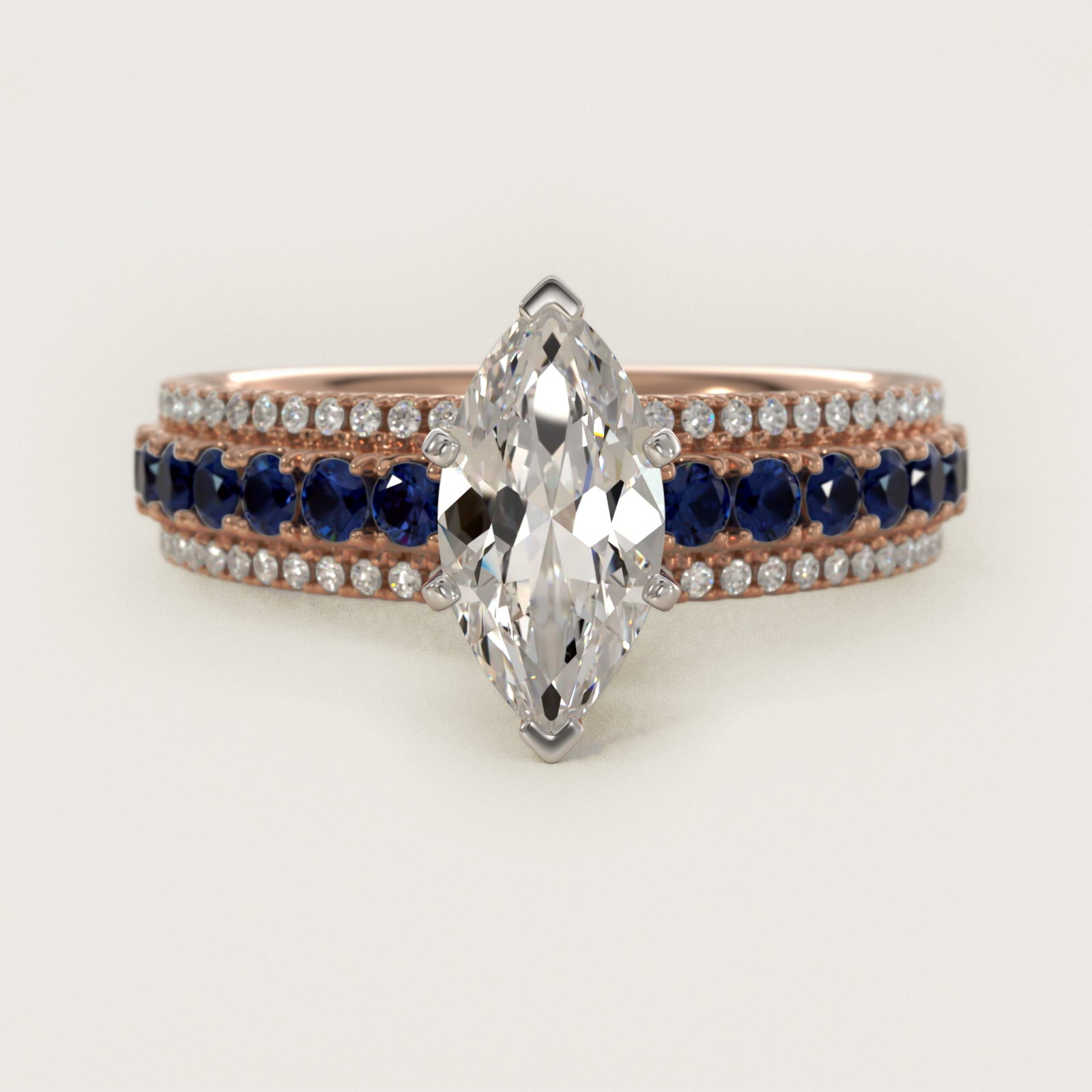 Three Row Sapphire and Diamond Engagement Ring in 14k Rose Gold (1/4 ct. tw.) - Marquise Center
