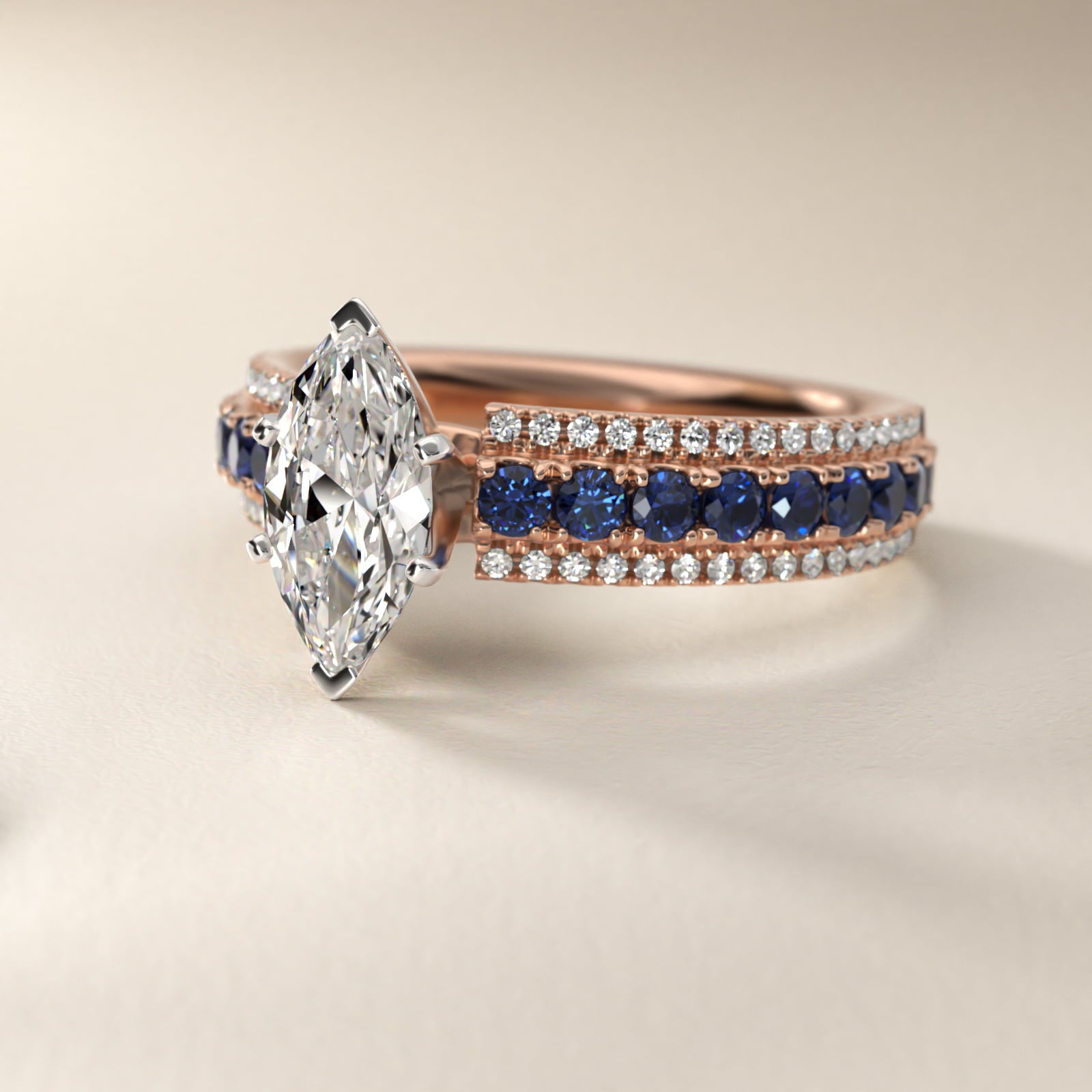 Three Row Sapphire and Diamond Engagement Ring in 14k Rose Gold (1/4 ct. tw.) - Marquise Center