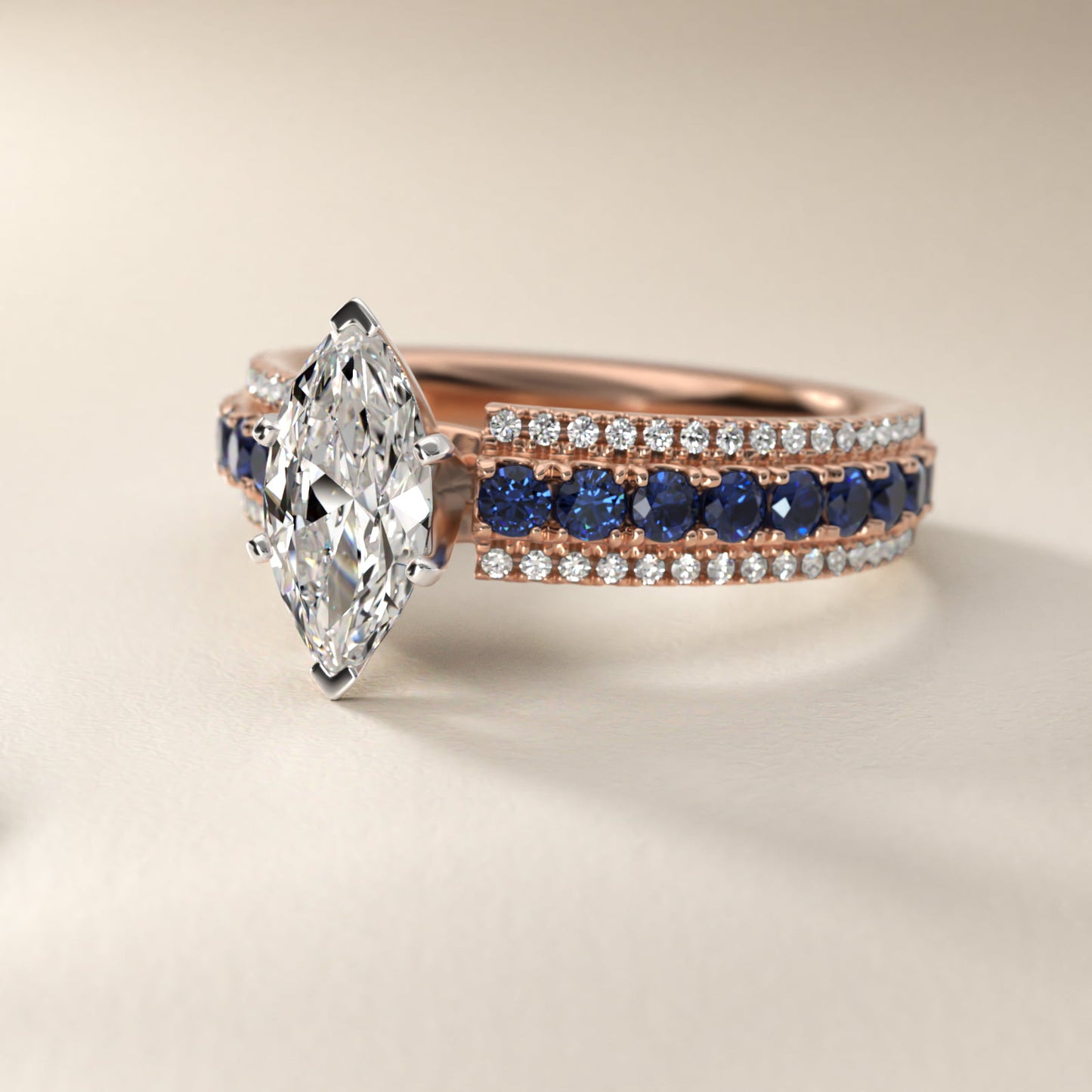 Three Row Sapphire and Diamond Engagement Ring in 18k Rose Gold (1/4 ct. tw.) - Marquise Center