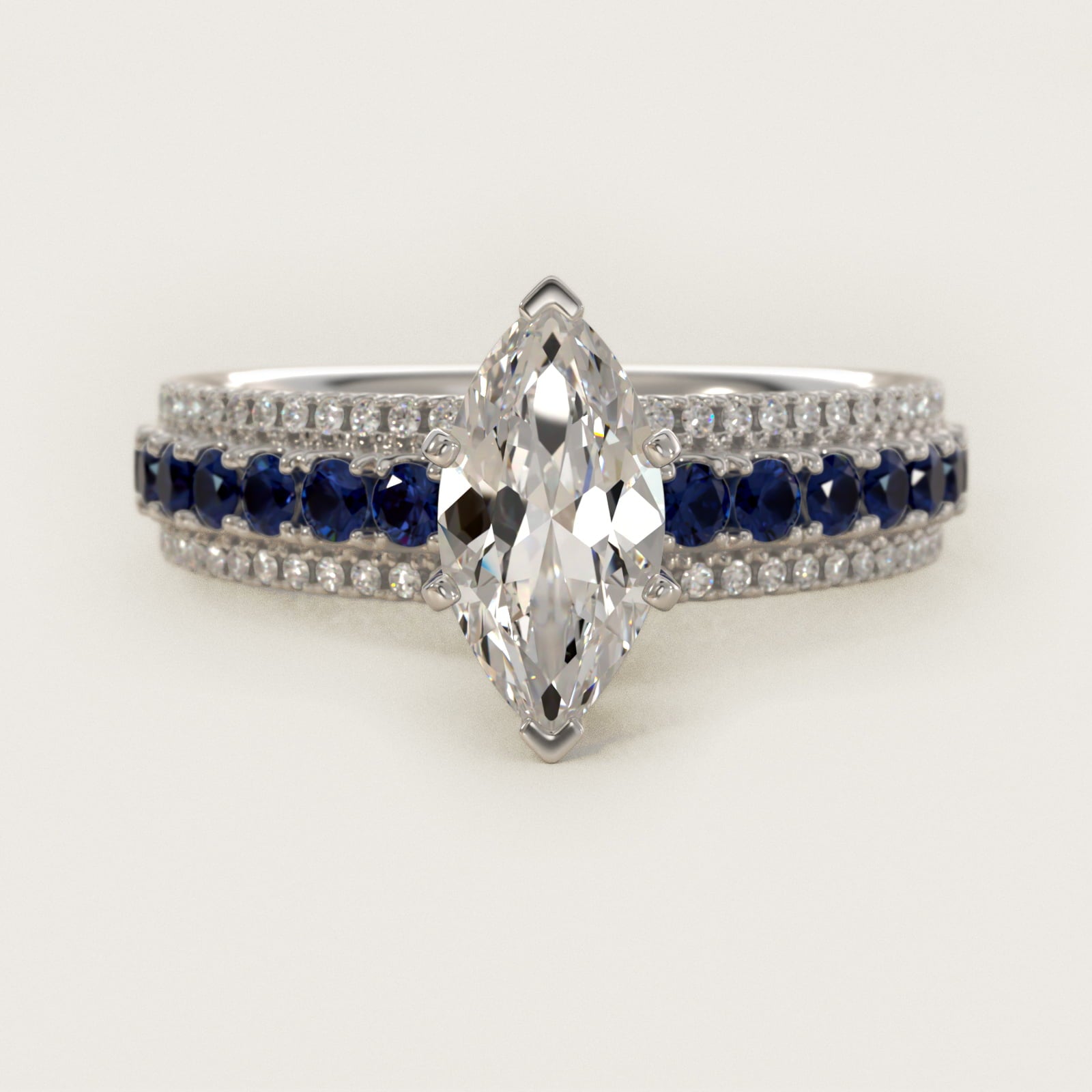 Three Row Sapphire and Diamond Engagement Ring in 14k White Gold (1/4 ct. tw.) - Marquise Center