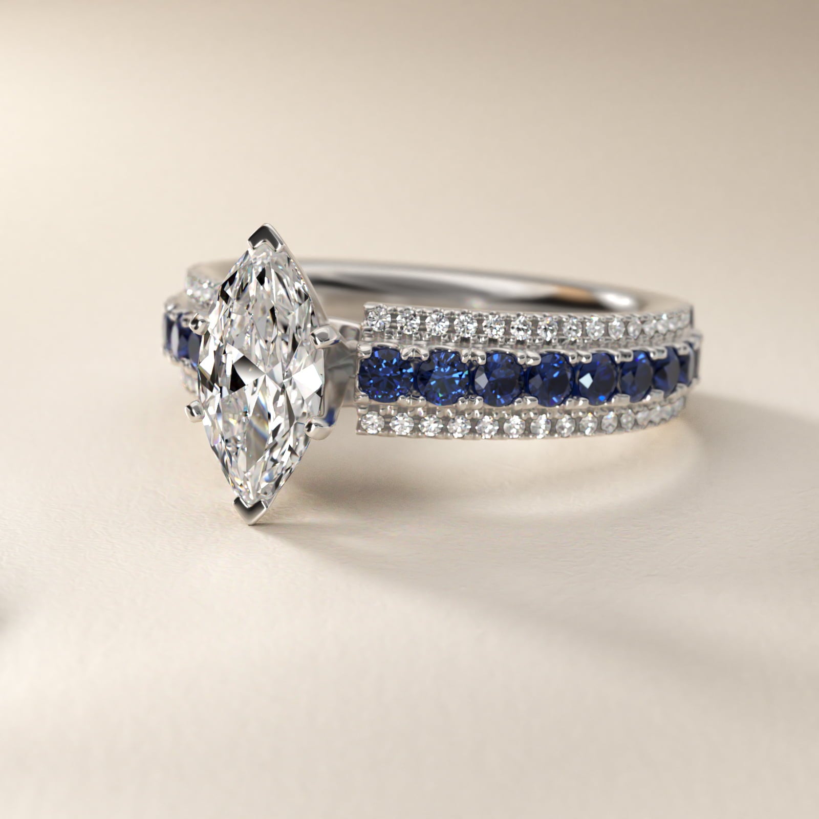Three Row Sapphire and Diamond Engagement Ring in 14k White Gold (1/4 ct. tw.) - Marquise Center