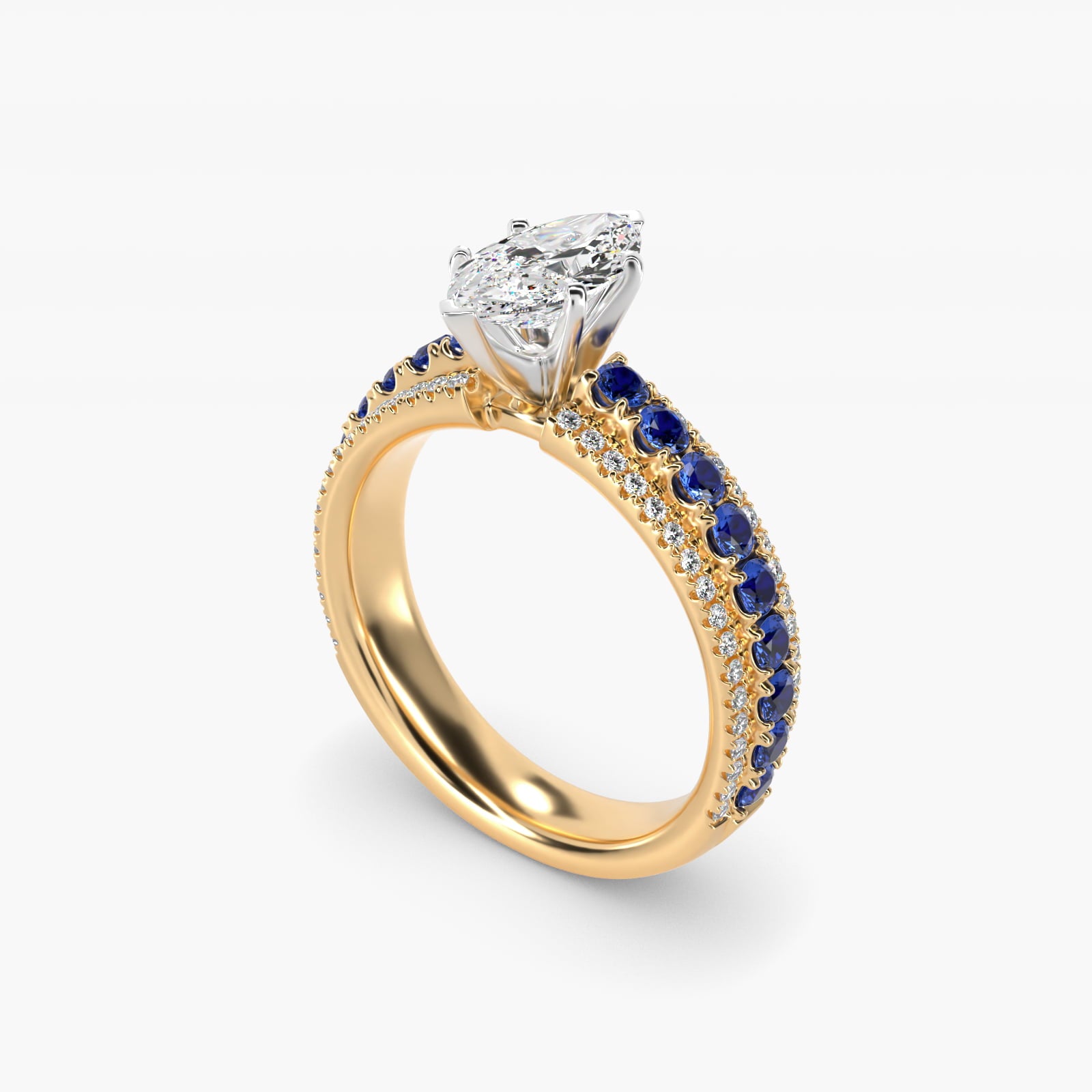 Three Row Sapphire and Diamond Engagement Ring in 18k Yellow Gold (1/4 ct. tw.) - Marquise Center