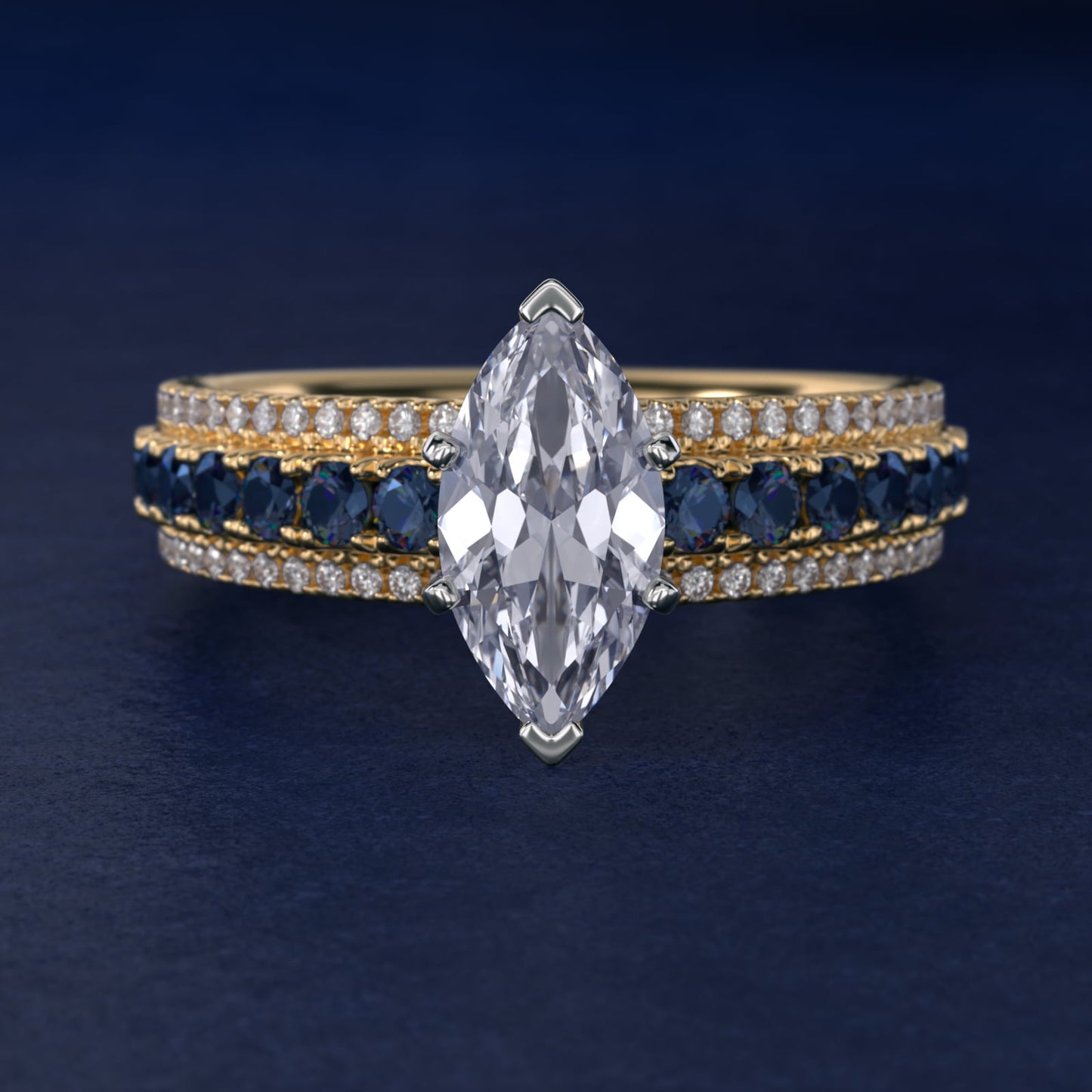 Three Row Sapphire and Diamond Engagement Ring in 18k Yellow Gold (1/4 ct. tw.) - Marquise Center