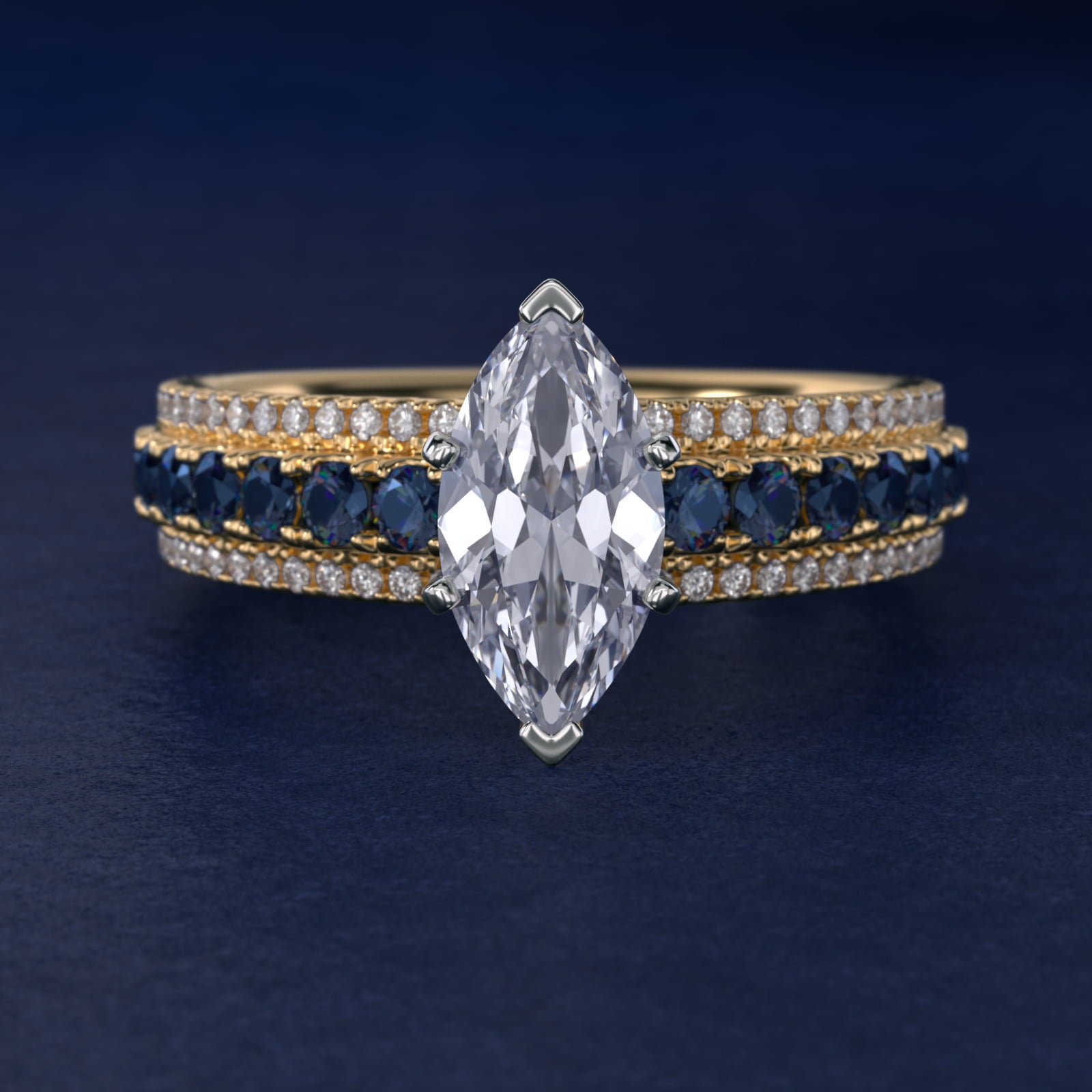 Three Row Sapphire and Diamond Engagement Ring in 18k Yellow Gold (1/4 ct. tw.) - Marquise Center