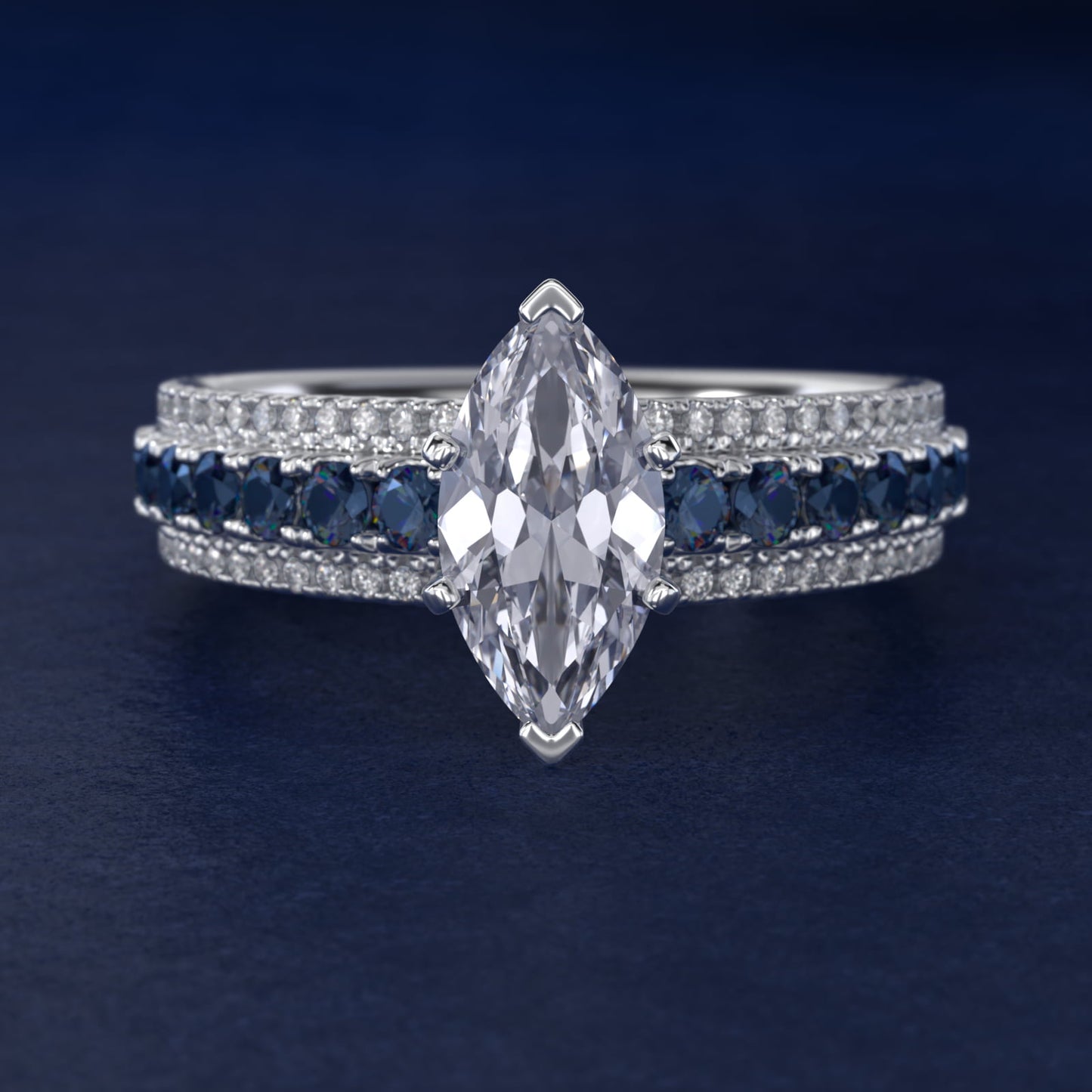 Three Row Sapphire and Diamond Engagement Ring in Platinum (1/4 ct. tw.) - Marquise Center
