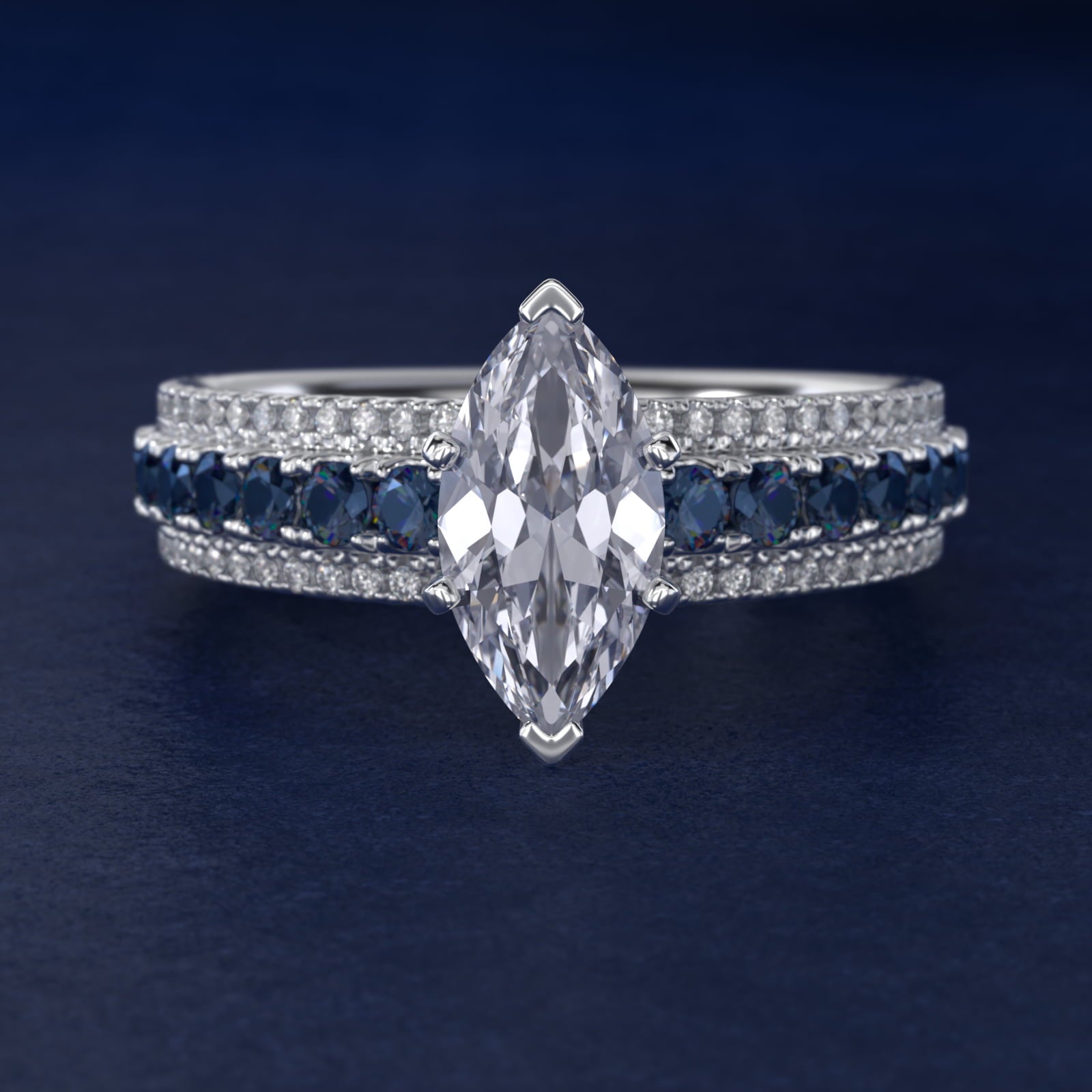 Three Row Sapphire and Diamond Engagement Ring in Platinum (1/4 ct. tw.) - Marquise Center