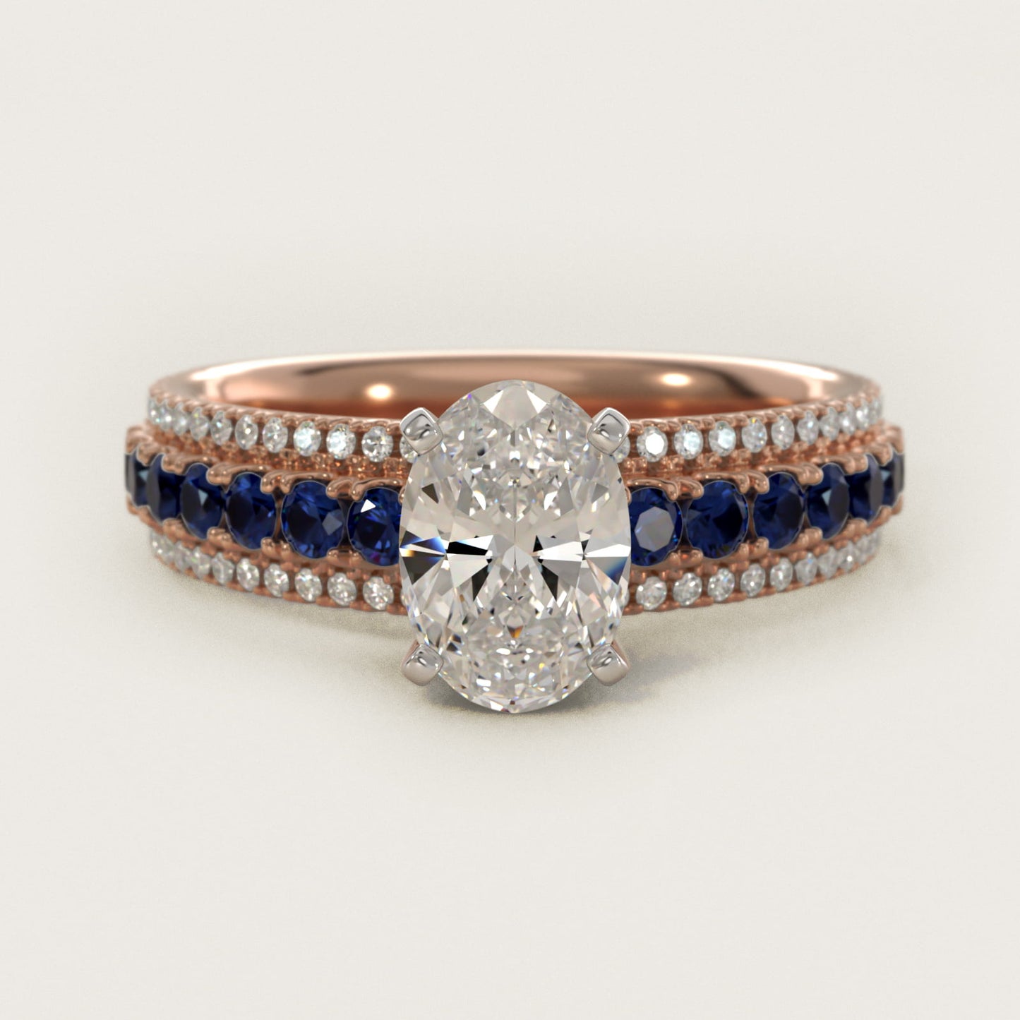 Three Row Sapphire and Diamond Engagement Ring in 14k Rose Gold (1/4 ct. tw.) - Oval Center
