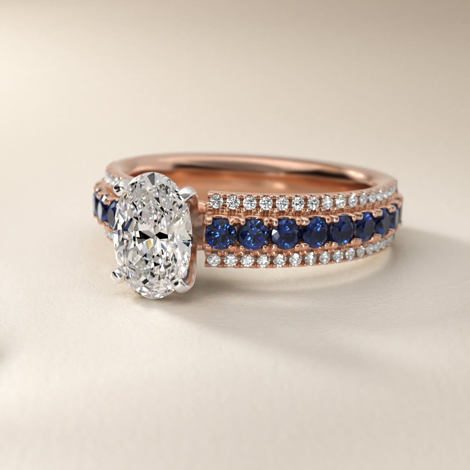 Three Row Sapphire and Diamond Engagement Ring in 14k Rose Gold (1/4 ct. tw.) - Oval Center