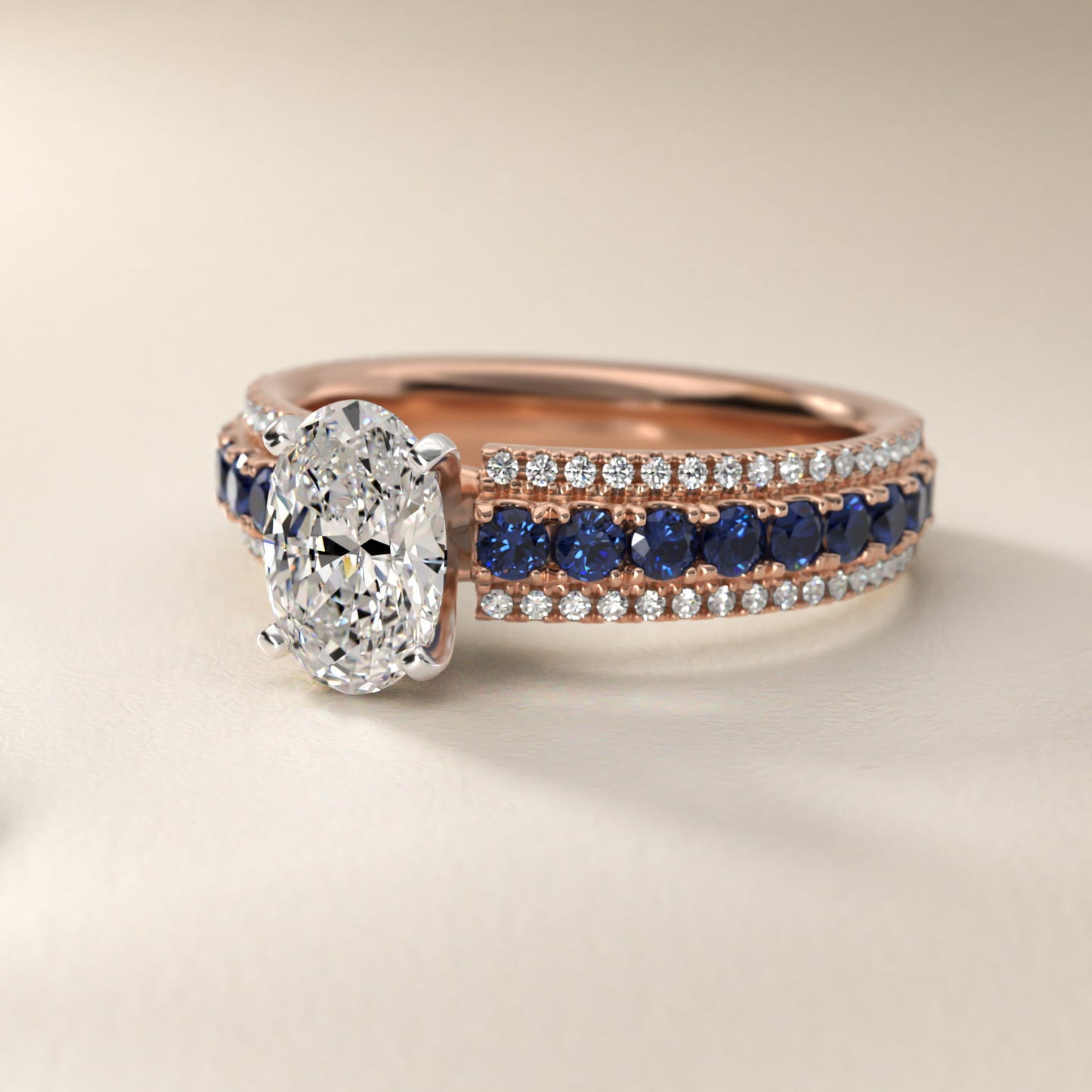 Three Row Sapphire and Diamond Engagement Ring in 18k Rose Gold (1/4 ct. tw.) - Oval Center