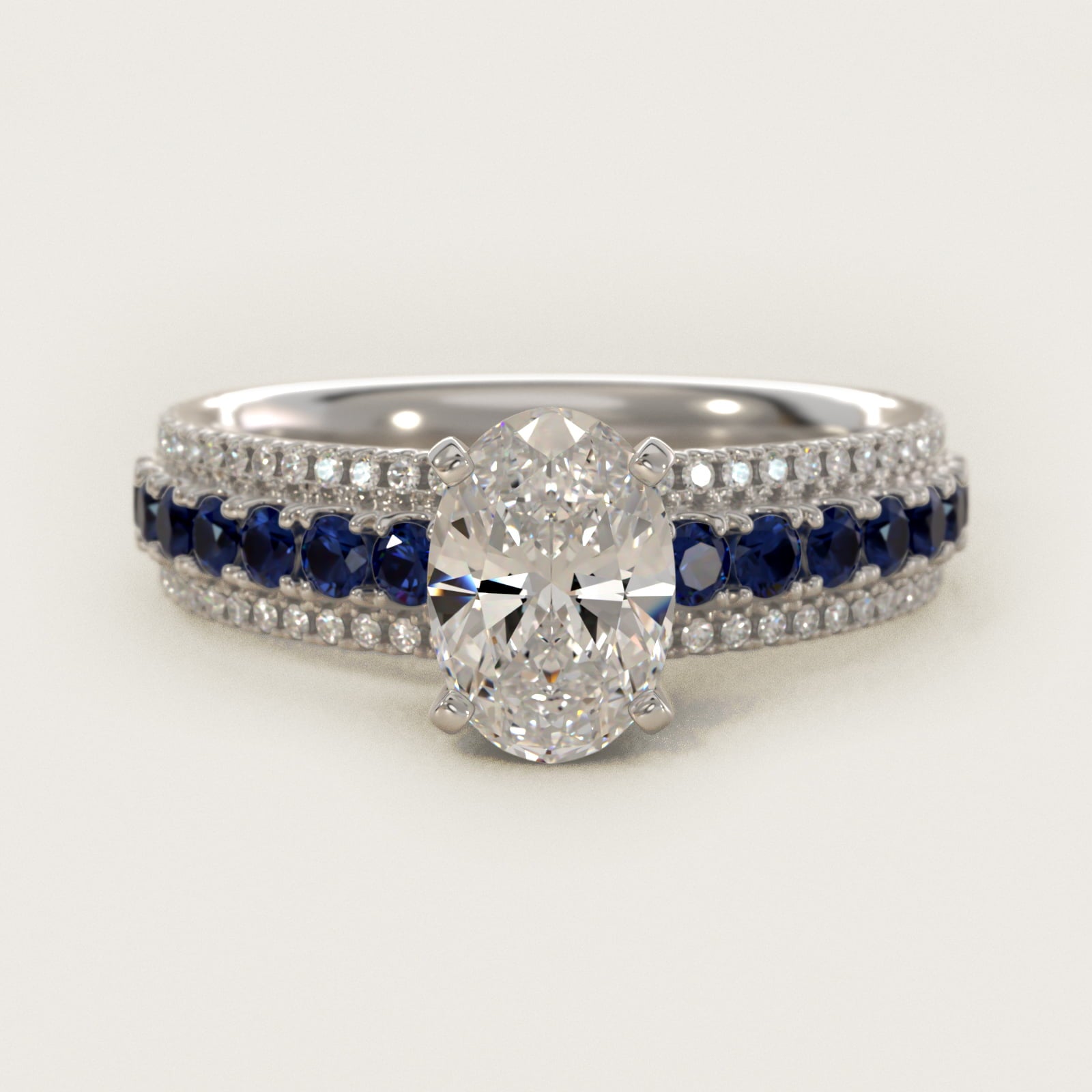 Three Row Sapphire and Diamond Engagement Ring in 18k White Gold (1/4 ct. tw.) - Oval Center
