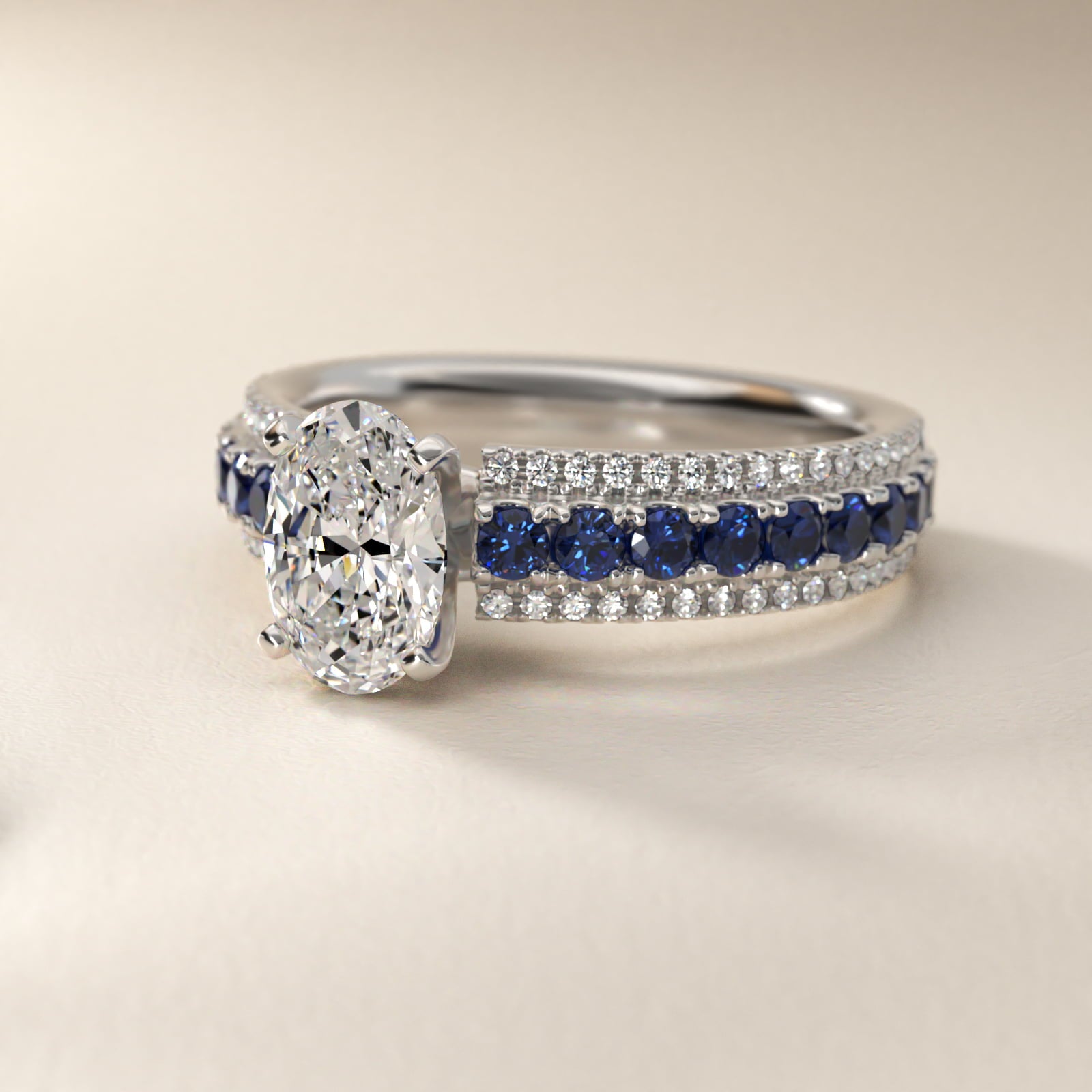 Three Row Sapphire and Diamond Engagement Ring in 18k White Gold (1/4 ct. tw.) - Oval Center