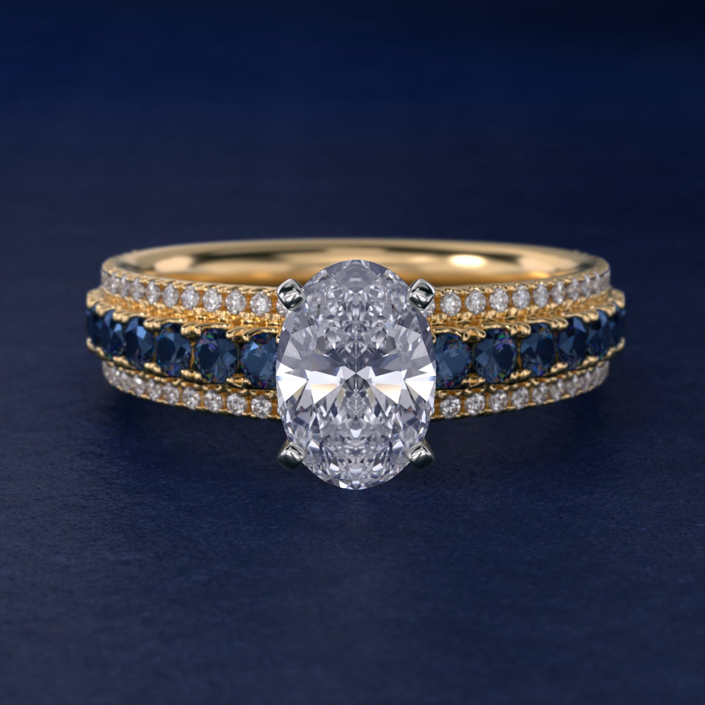 Three Row Sapphire and Diamond Engagement Ring in 18k Yellow Gold (1/4 ct. tw.) - Oval Center