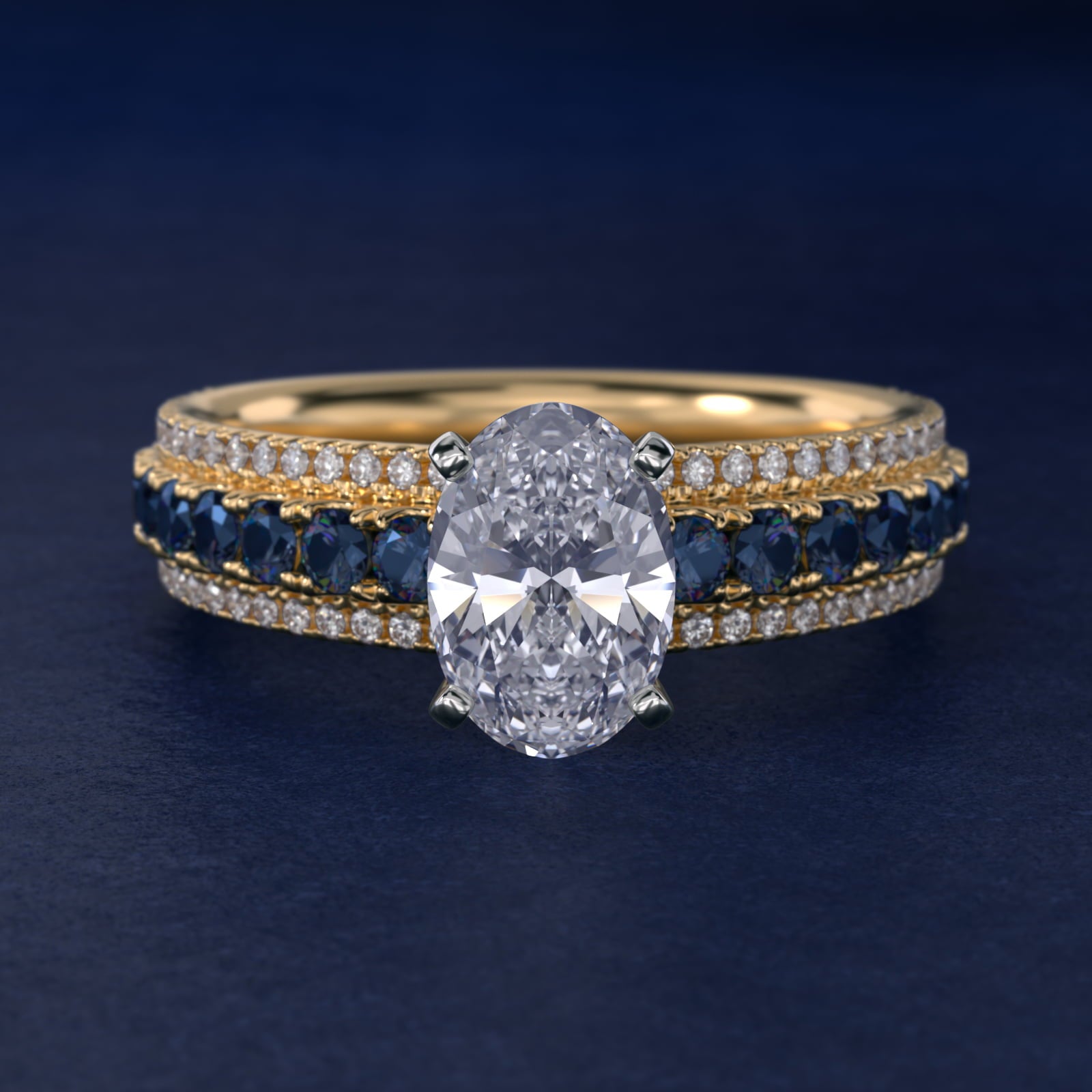 Three Row Sapphire and Diamond Engagement Ring in 18k Yellow Gold (1/4 ct. tw.) - Oval Center