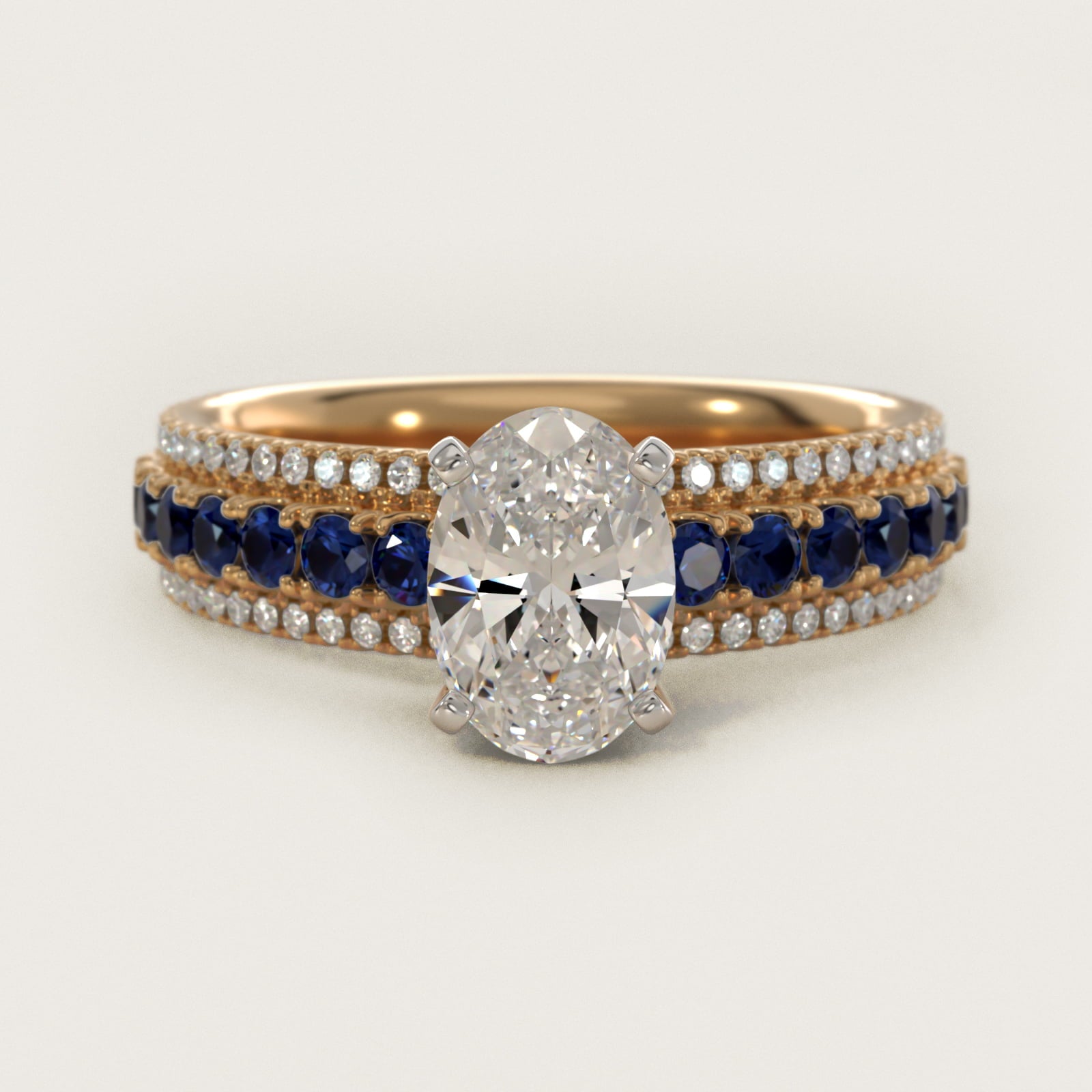 Three Row Sapphire and Diamond Engagement Ring in 18k Yellow Gold (1/4 ct. tw.) - Oval Center