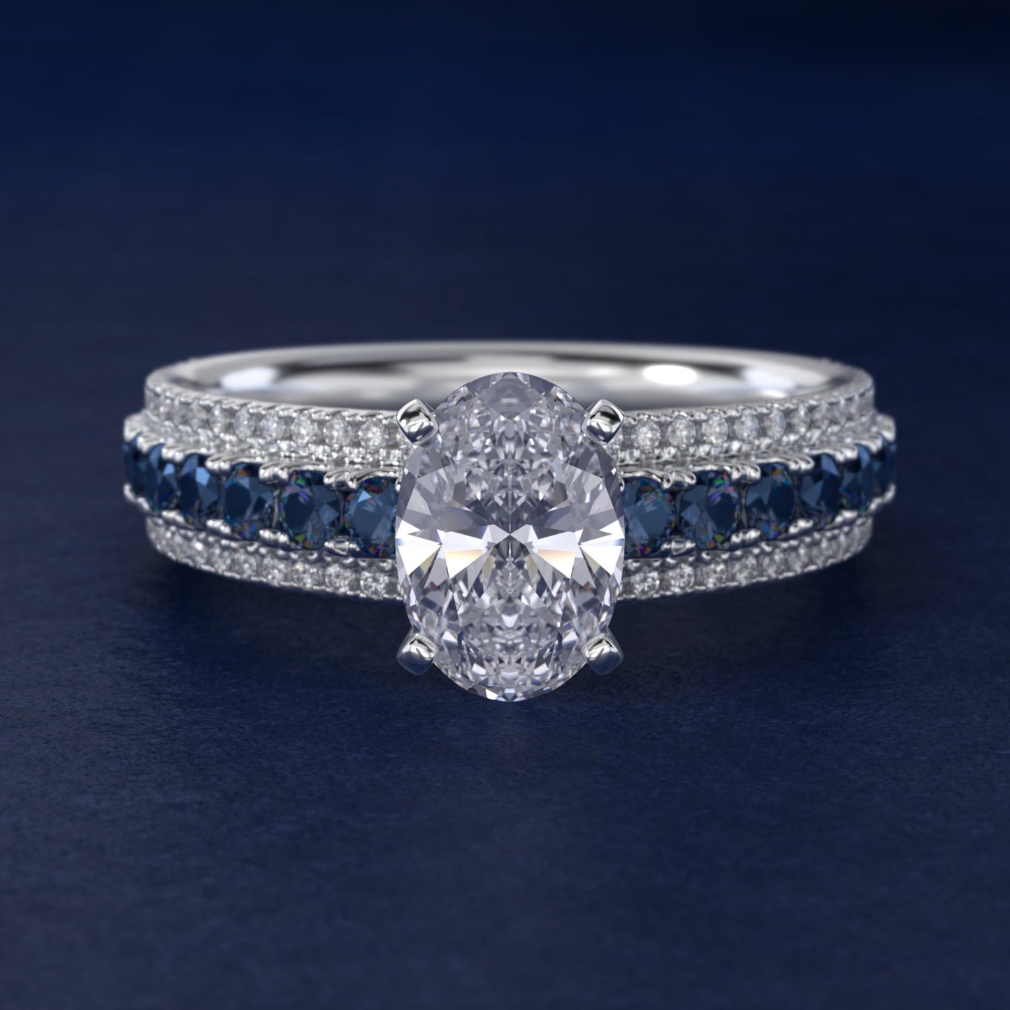 Three Row Sapphire and Diamond Engagement Ring in Platinum (1/4 ct. tw.) - Oval Center