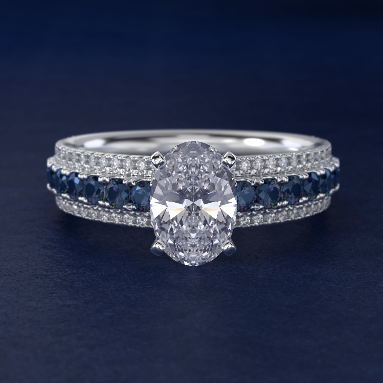Three Row Sapphire and Diamond Engagement Ring in Platinum (1/4 ct. tw.) - Oval Center