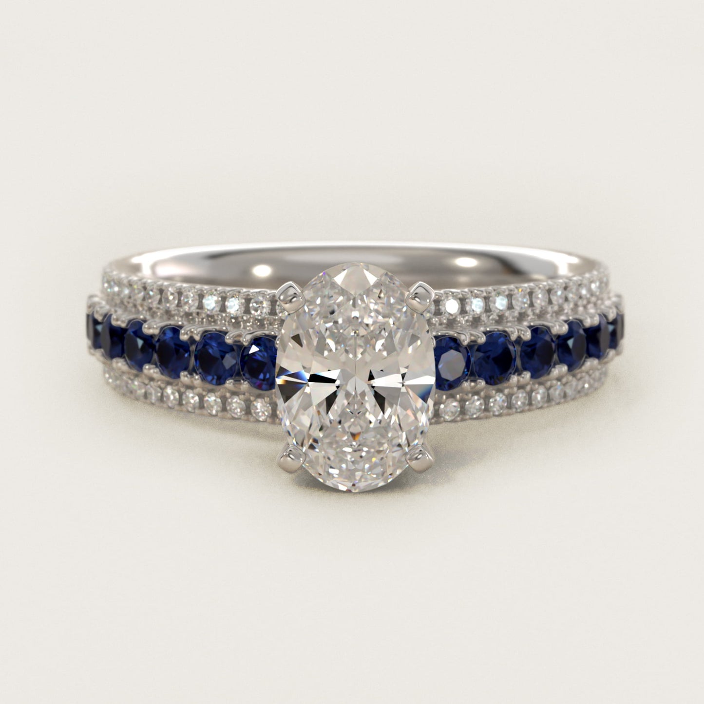Three Row Sapphire and Diamond Engagement Ring in Platinum (1/4 ct. tw.) - Oval Center
