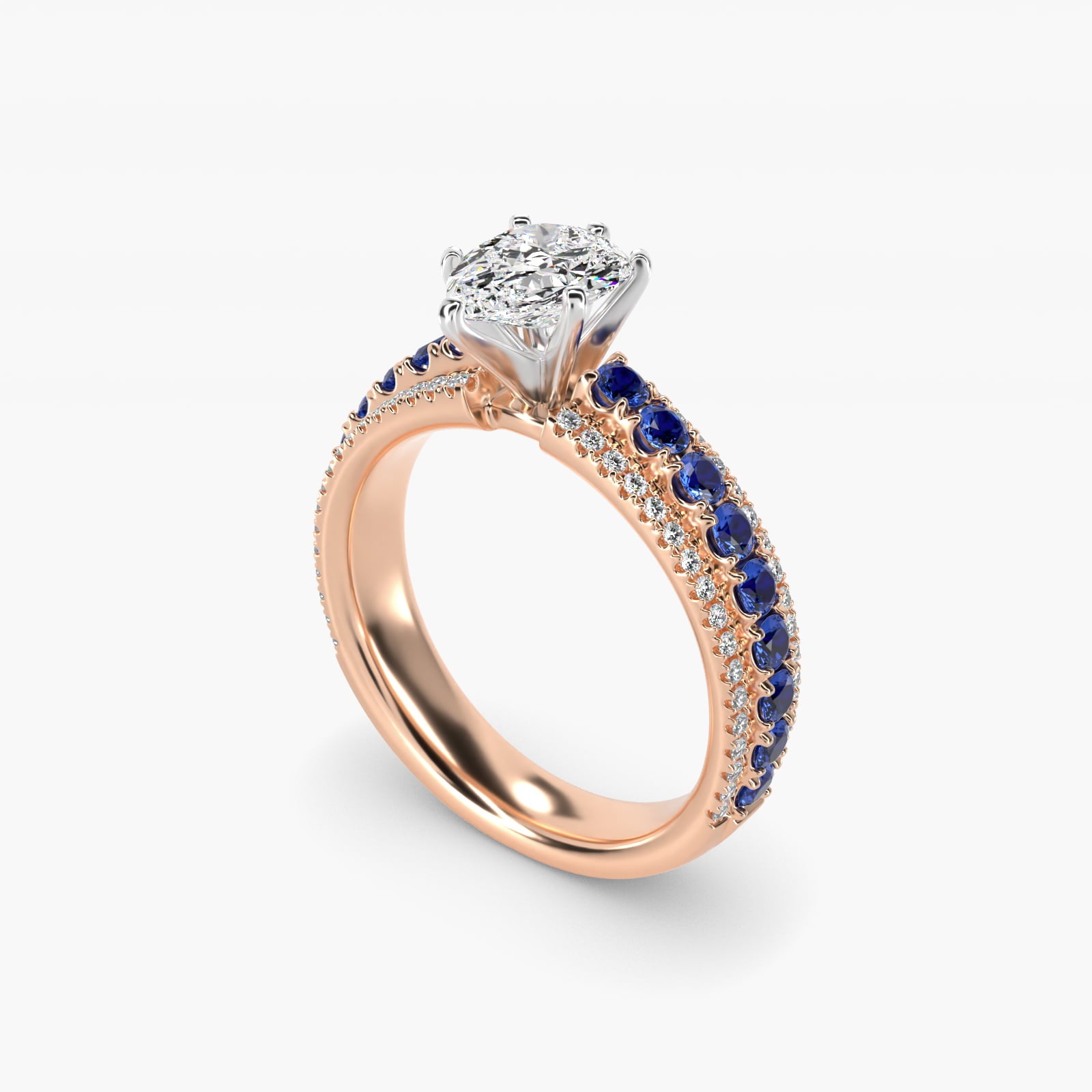 Three Row Sapphire and Diamond Engagement Ring in 14k Rose Gold (1/4 ct. tw.) - Pear Center