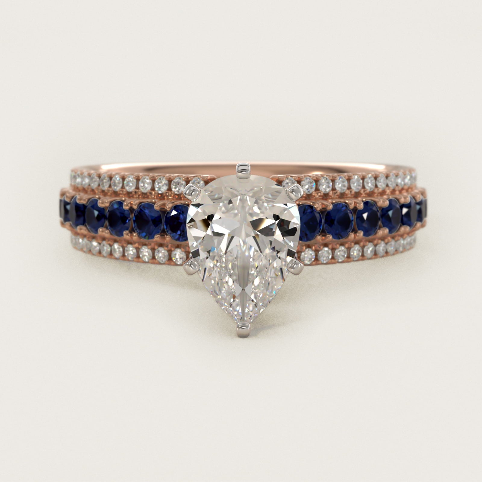Three Row Sapphire and Diamond Engagement Ring in 14k Rose Gold (1/4 ct. tw.) - Pear Center
