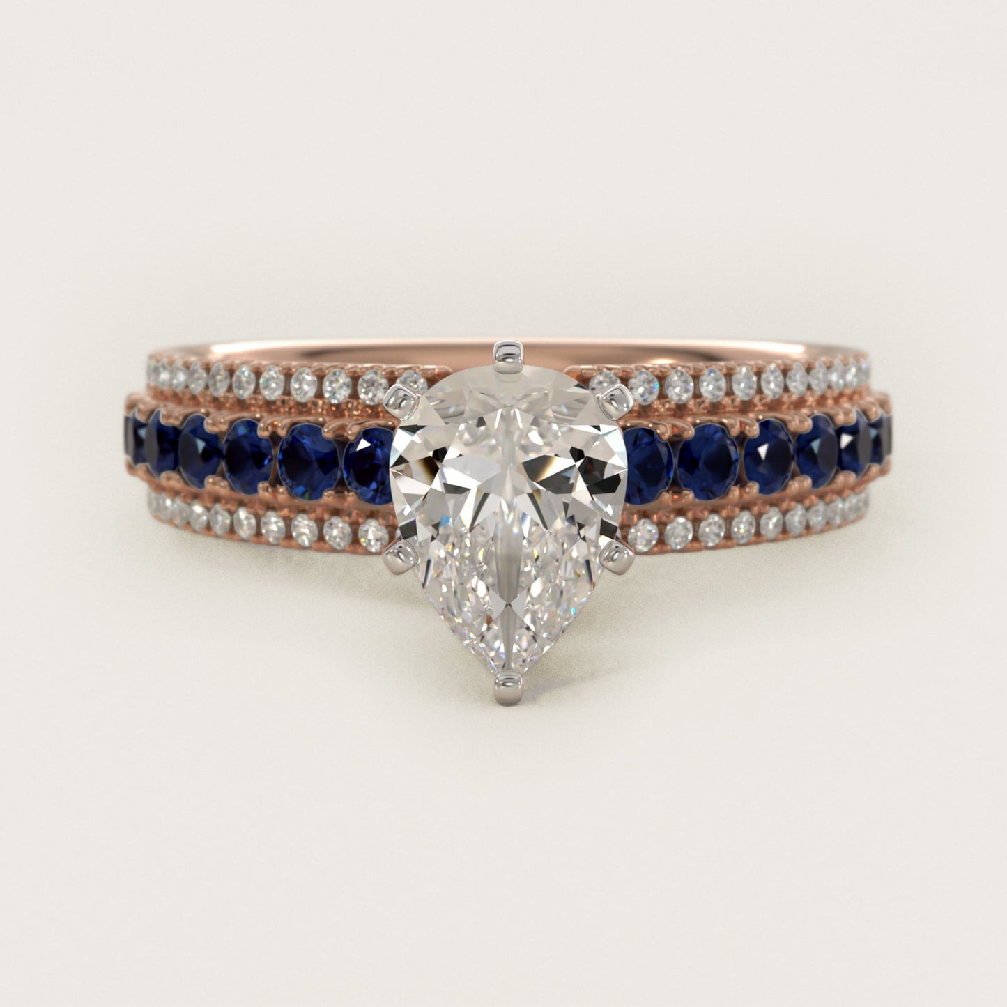 Three Row Sapphire and Diamond Engagement Ring in 18k Rose Gold (1/4 ct. tw.) - Pear Center