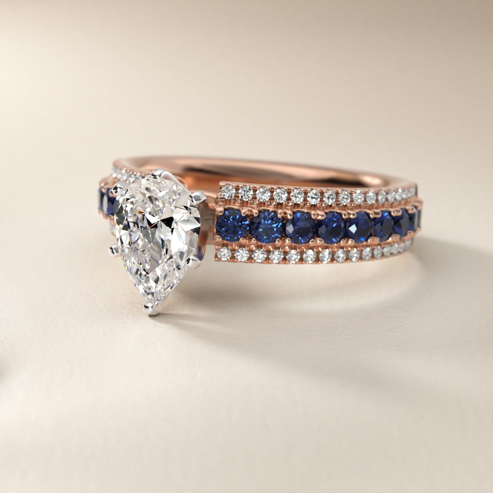 Three Row Sapphire and Diamond Engagement Ring in 18k Rose Gold (1/4 ct. tw.) - Pear Center