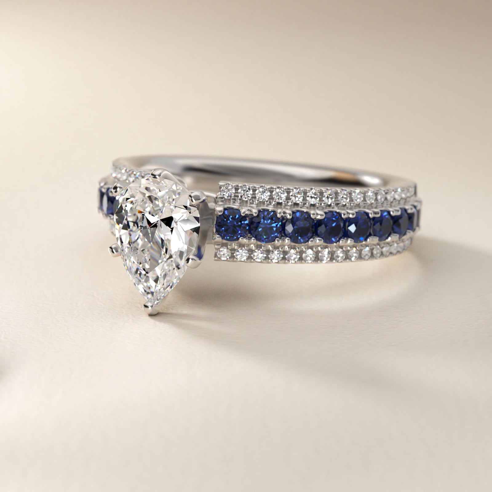 Three Row Sapphire and Diamond Engagement Ring in 14k White Gold (1/4 ct. tw.) - Pear Center