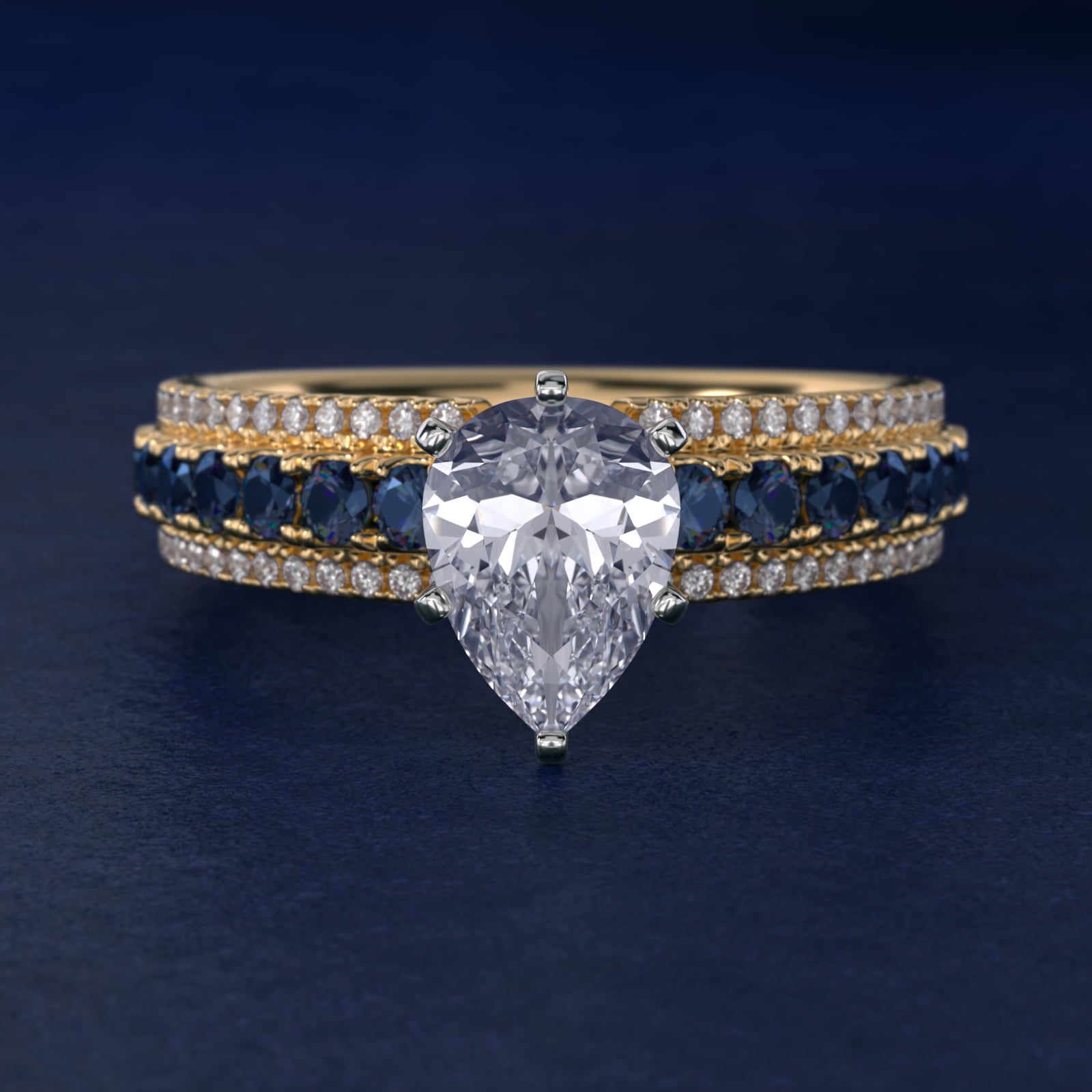 Three Row Sapphire and Diamond Engagement Ring in 14K Yellow Gold (1/4 ct. tw.) - Pear Center