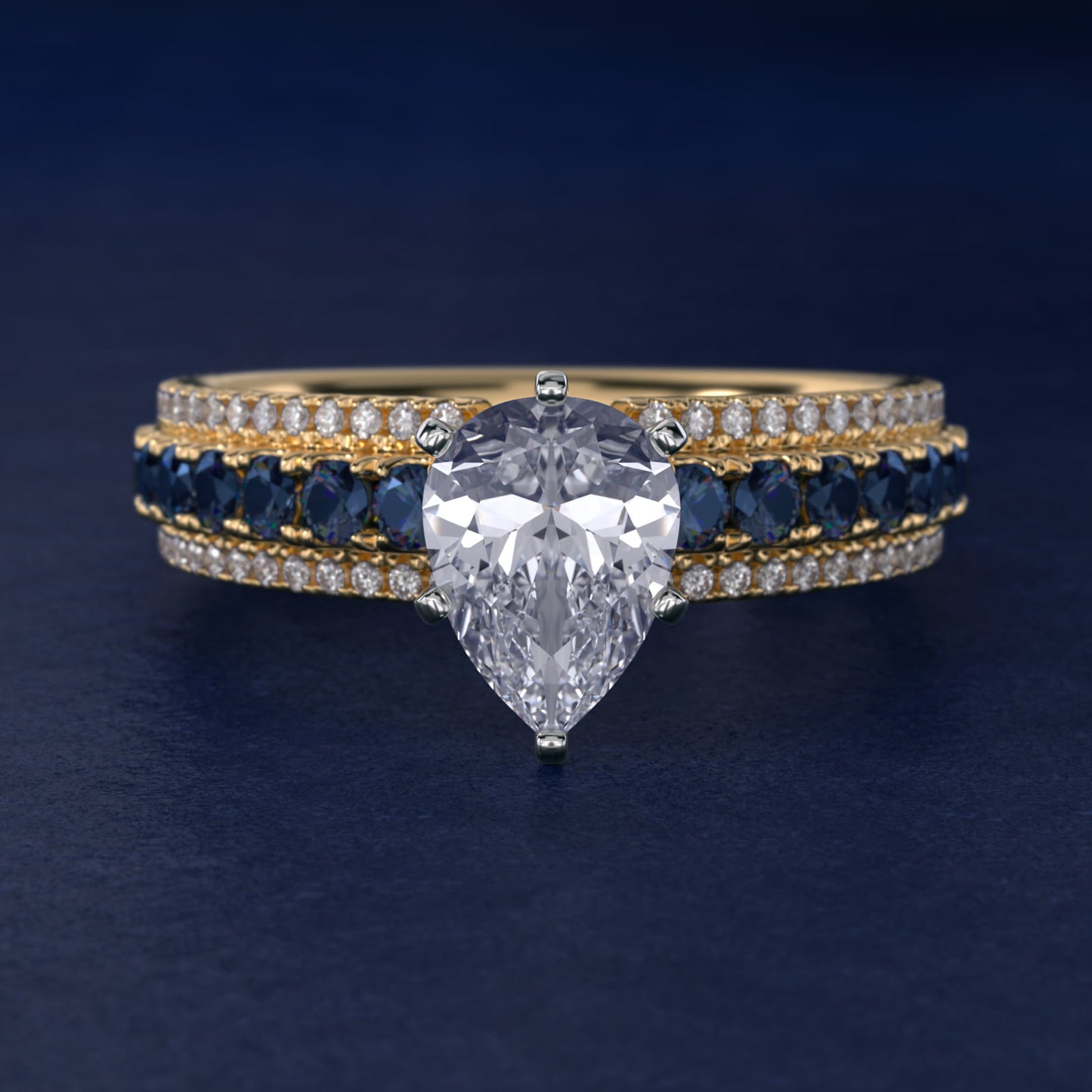 Three Row Sapphire and Diamond Engagement Ring in 18k Yellow Gold (1/4 ct. tw.) - Pear Center